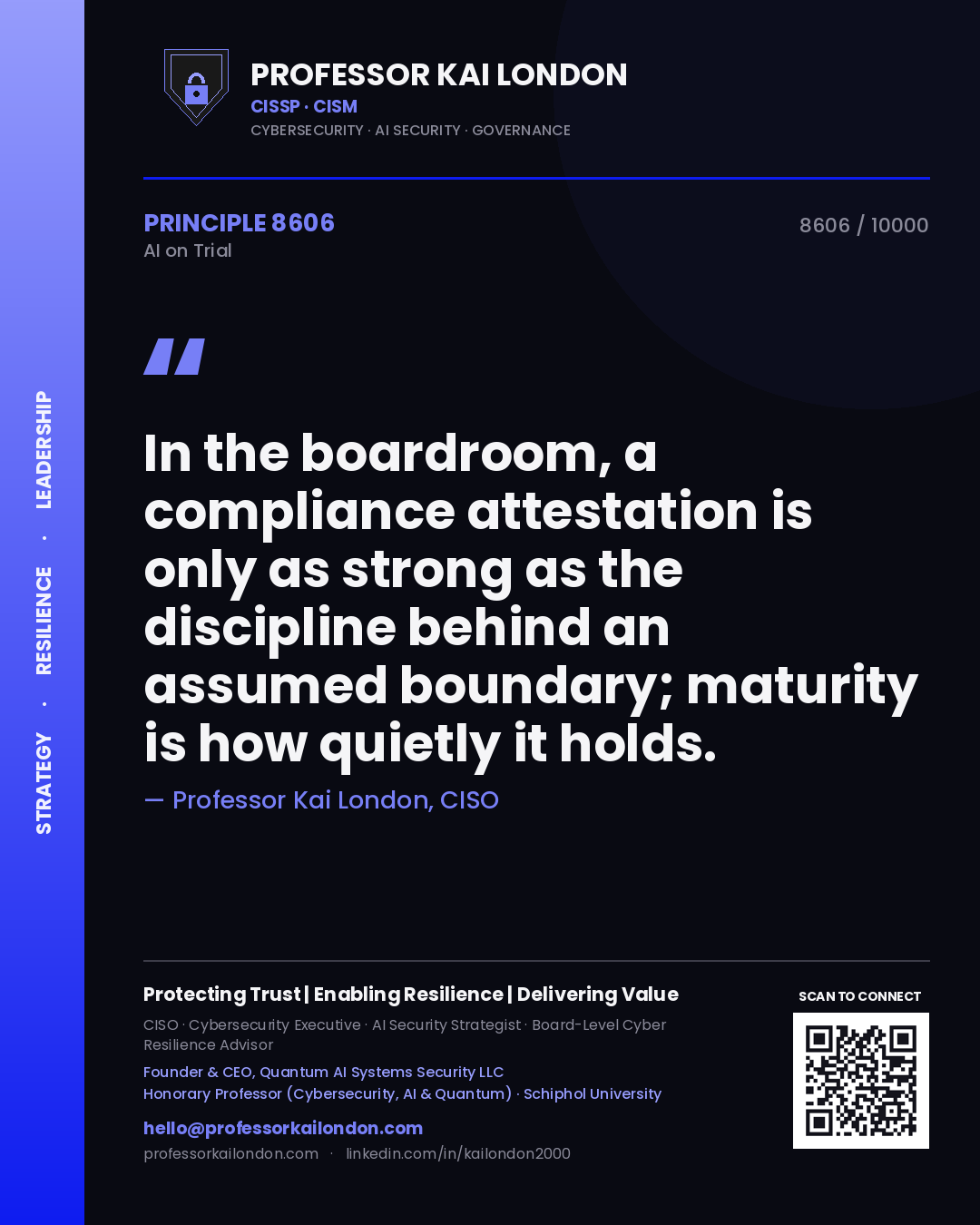Quote card by Professor Kai London reading 'In the boardroom, a compliance attestation is only as strong as the discipline behind an assumed boundary; maturity is how quietly it holds.'. From the book AI on Trial.