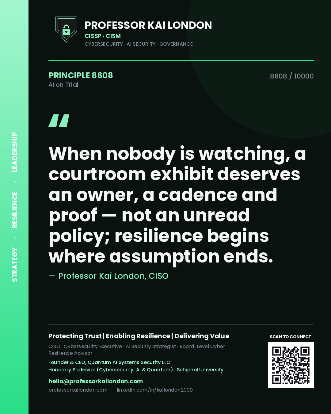 Quote card by Professor Kai London reading 'When nobody is watching, a courtroom exhibit deserves an owner, a cadence and proof — not an unread policy; resilience begins where assumption ends.'. From the book AI on Trial.