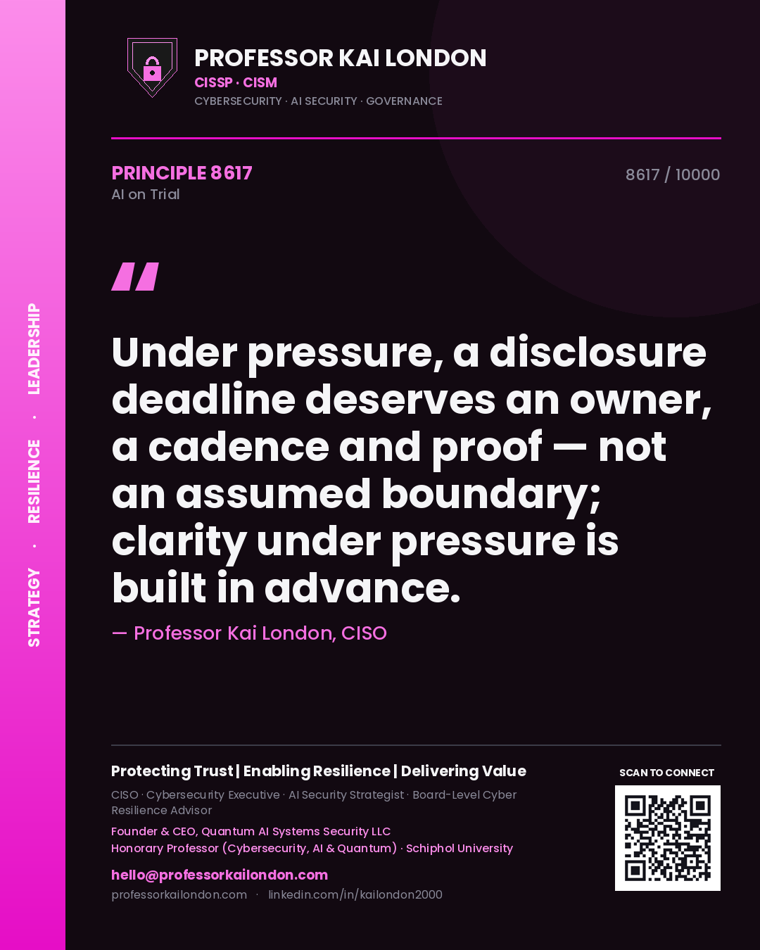 Quote card by Professor Kai London reading 'Under pressure, a disclosure deadline deserves an owner, a cadence and proof — not an assumed boundary; clarity under pressure is built in advance.'. From the book AI on Trial.