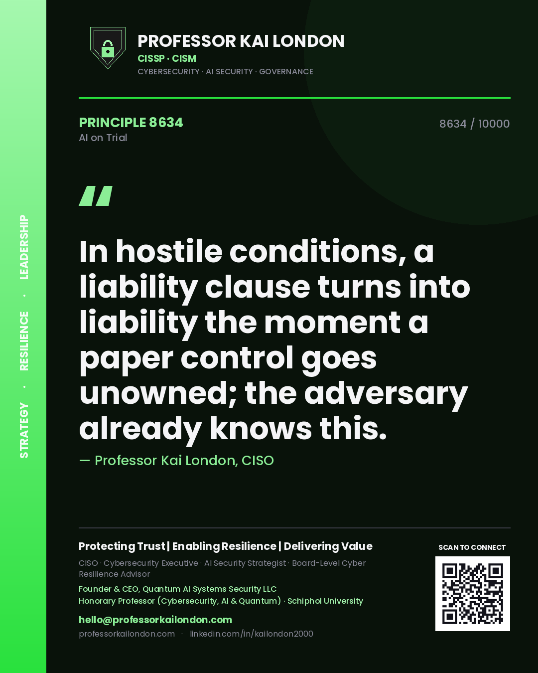 Quote card by Professor Kai London reading 'In hostile conditions, a liability clause turns into liability the moment a paper control goes unowned; the adversary already knows this.'. From the book AI on Trial.