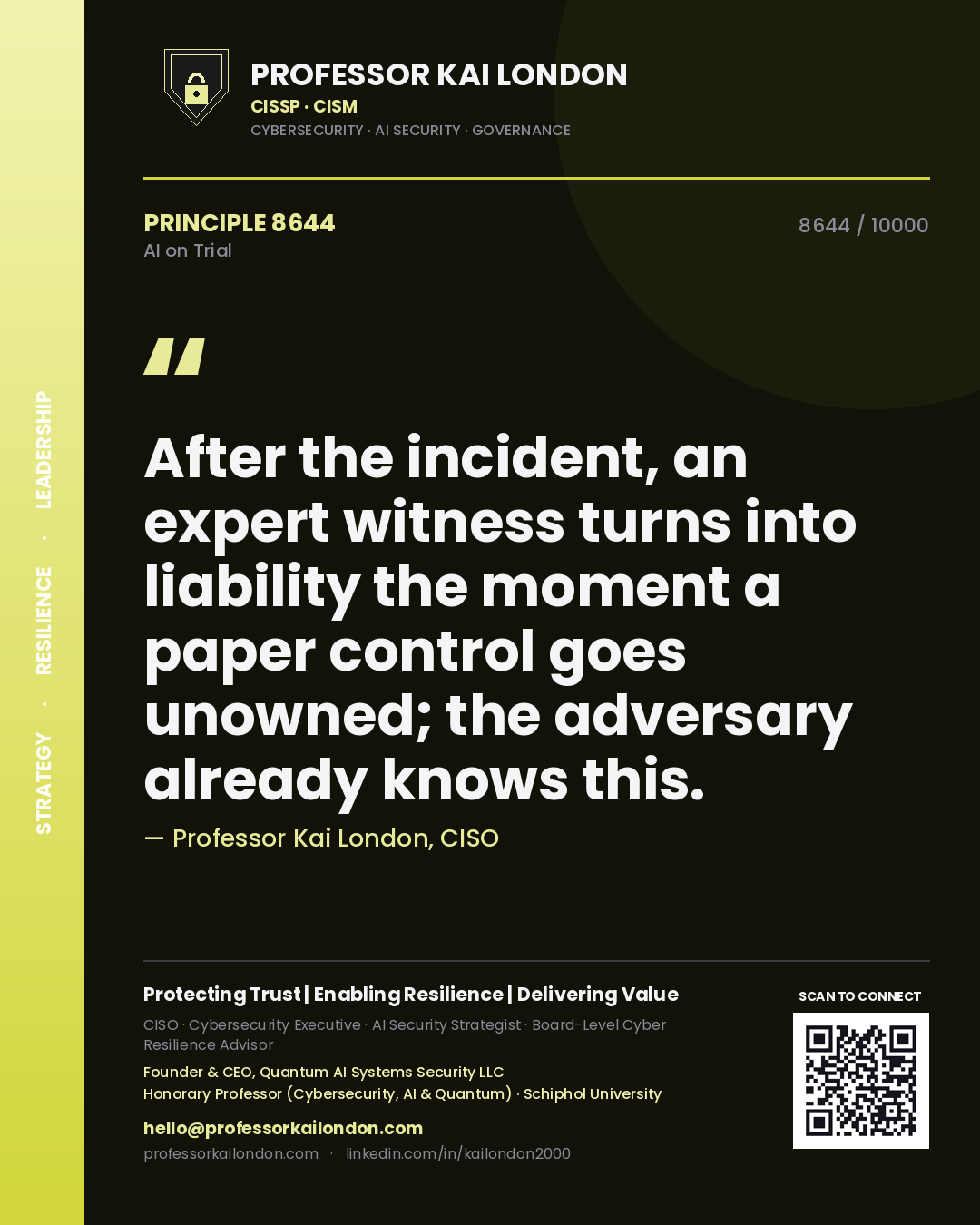 Quote card by Professor Kai London reading 'After the incident, an expert witness turns into liability the moment a paper control goes unowned; the adversary already knows this.'. From the book AI on Trial.