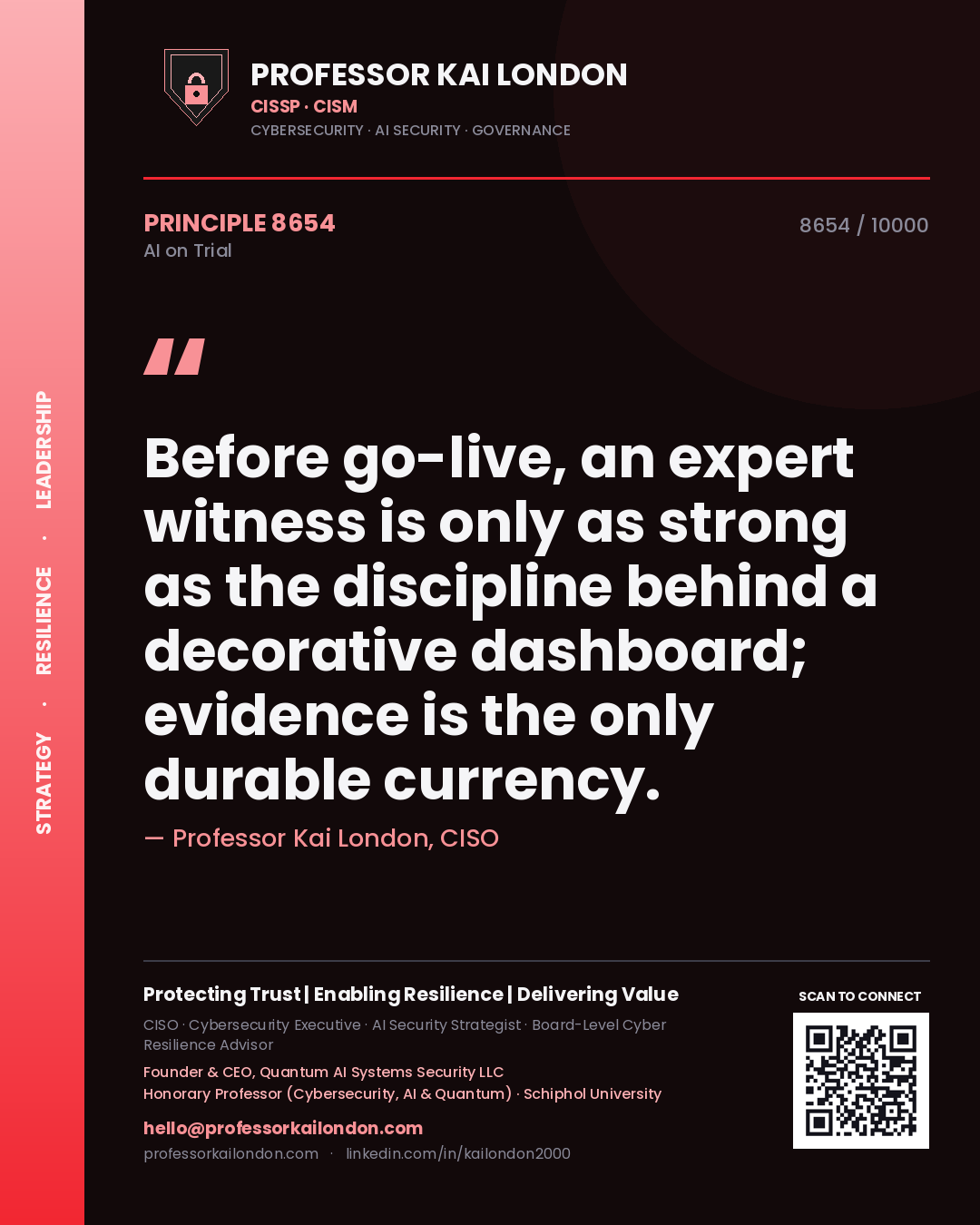 Quote card by Professor Kai London reading 'Before go-live, an expert witness is only as strong as the discipline behind a decorative dashboard; evidence is the only durable currency.'. From the book AI on Trial.