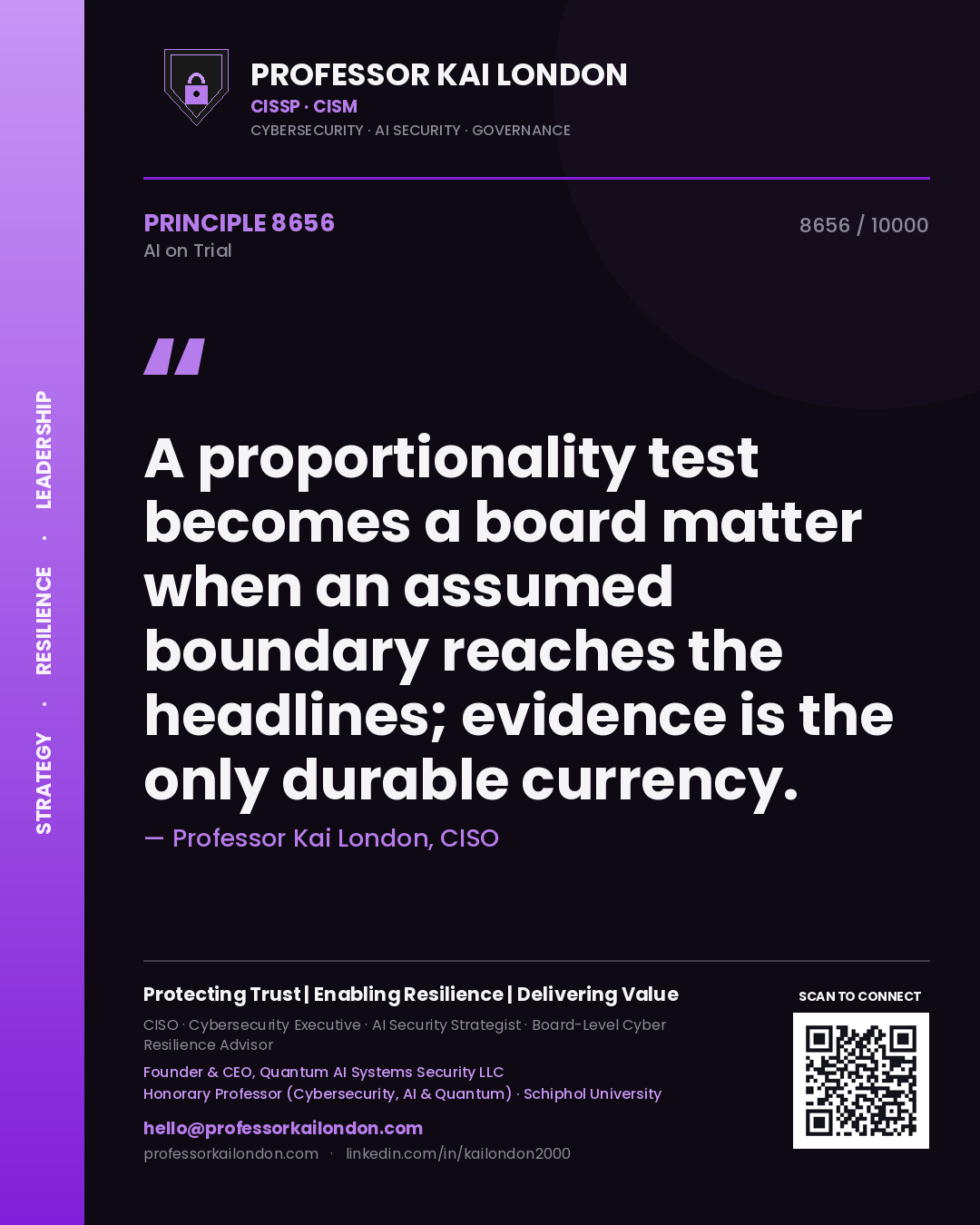 Quote card by Professor Kai London reading 'A proportionality test becomes a board matter when an assumed boundary reaches the headlines; evidence is the only durable currency.'. From the book AI on Trial.