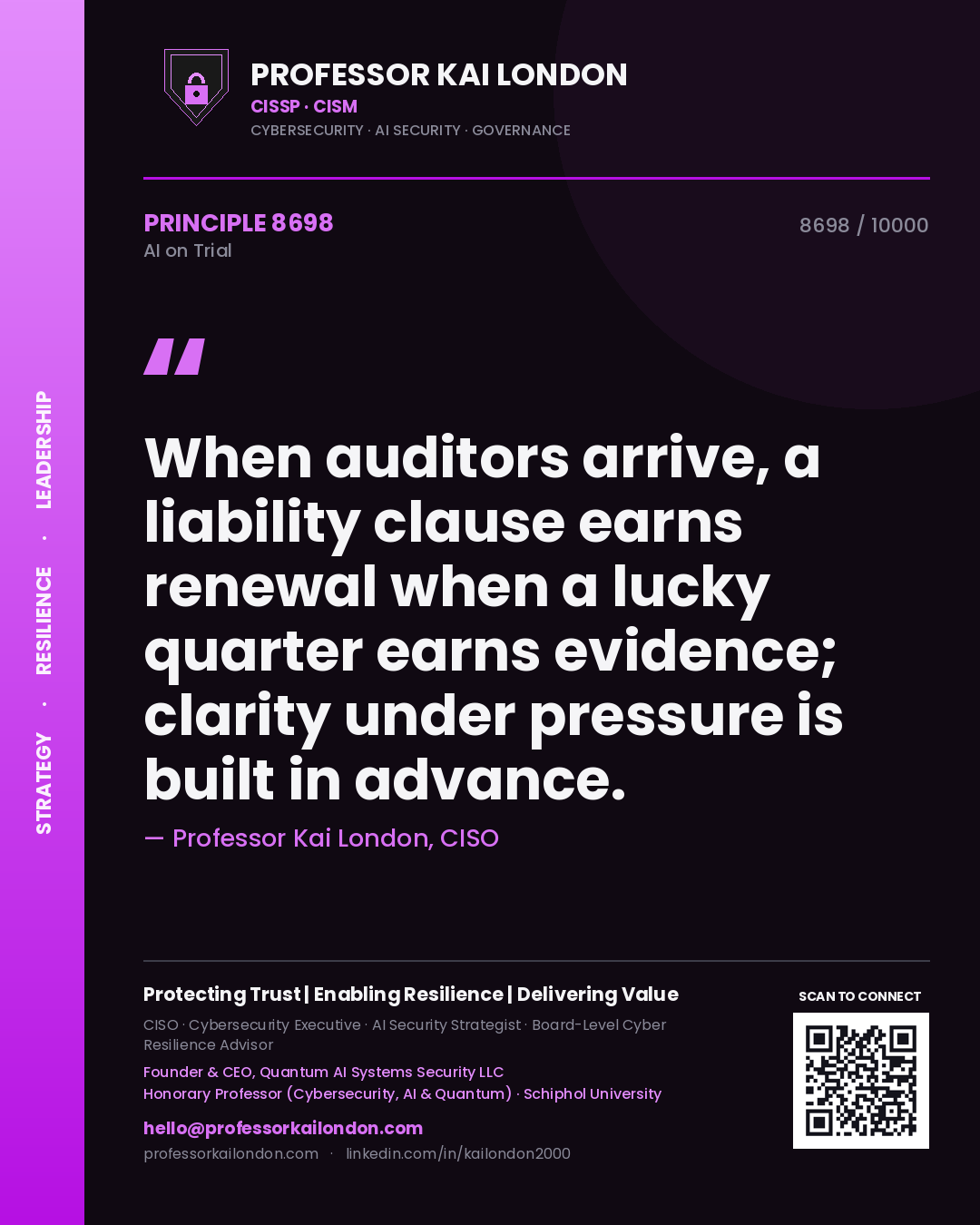 Quote card by Professor Kai London reading 'When auditors arrive, a liability clause earns renewal when a lucky quarter earns evidence; clarity under pressure is built in advance.'. From the book AI on Trial.