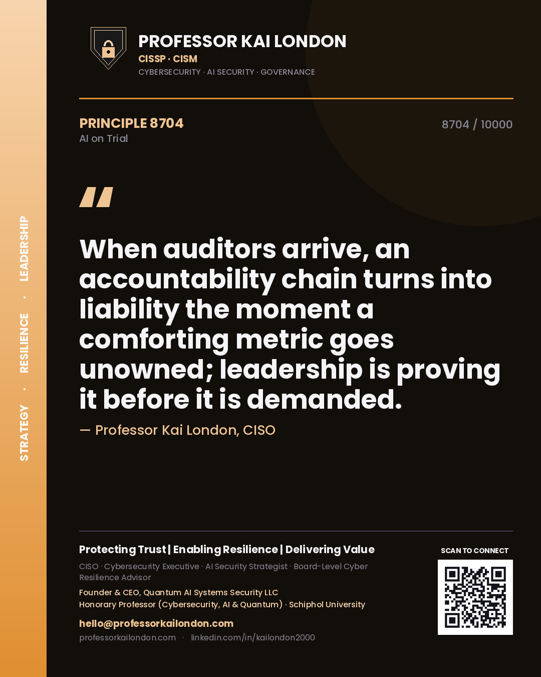 Quote card by Professor Kai London reading 'When auditors arrive, an accountability chain turns into liability the moment a comforting metric goes unowned; leadership is proving it before it is demanded.'. From the book AI on Trial.