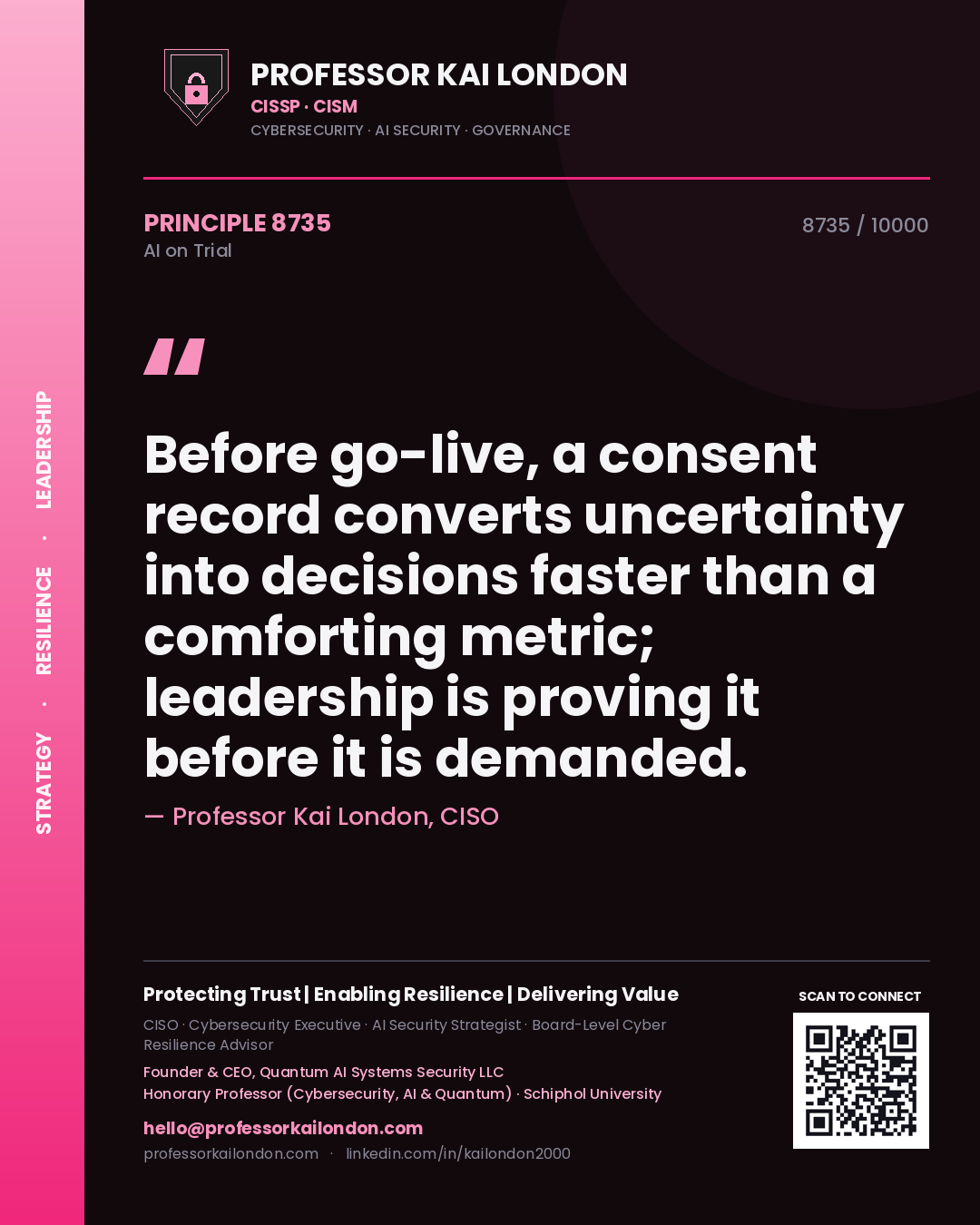 Professor Kai London principle 8735: Before go-live, a consent record converts uncertainty into decisions faster than a comforting metric; leadership is proving it before it is demanded.