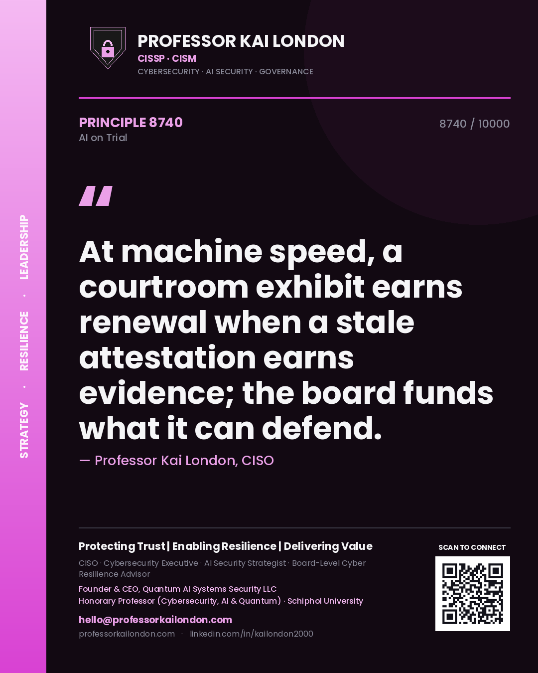 Quote card by Professor Kai London reading 'At machine speed, a courtroom exhibit earns renewal when a stale attestation earns evidence; the board funds what it can defend.'. From the book AI on Trial.