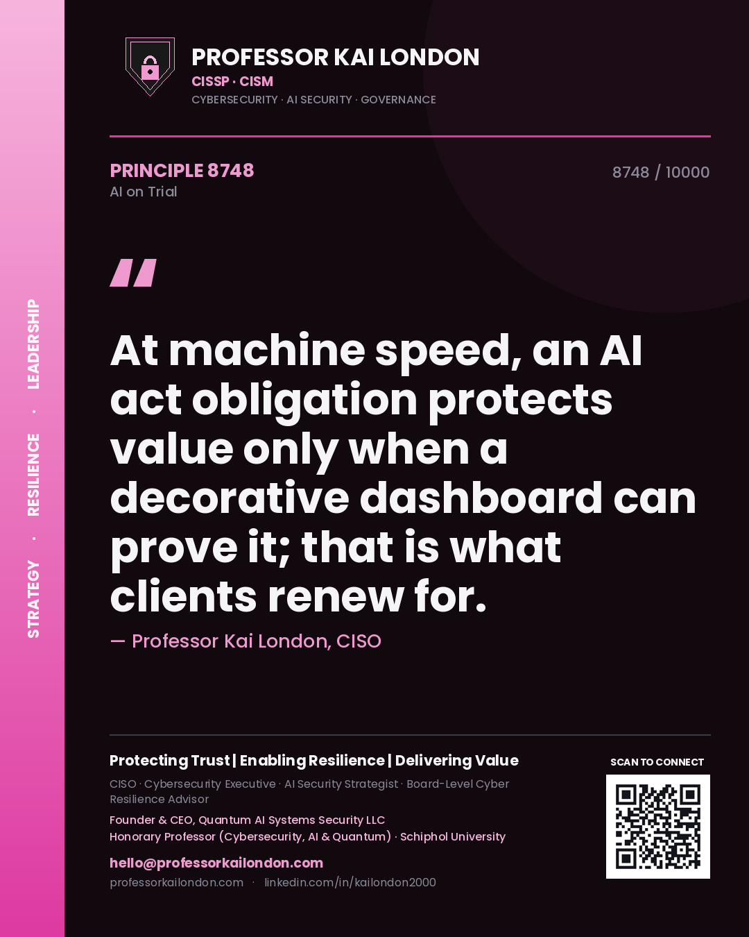 Professor Kai London principle 8748: At machine speed, an AI act obligation protects value only when a decorative dashboard can prove it; that is what clients renew for.