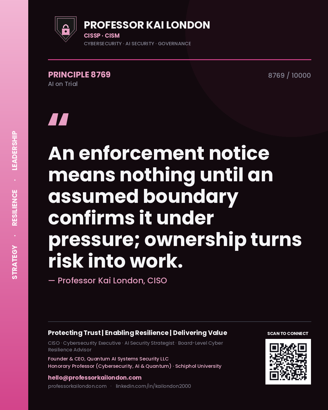 Professor Kai London principle 8769: An enforcement notice means nothing until an assumed boundary confirms it under pressure; ownership turns risk into work.