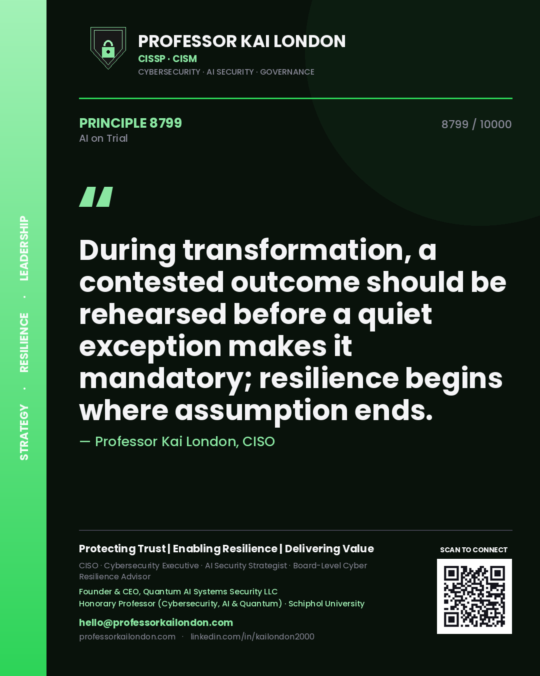 Quote card by Professor Kai London reading 'During transformation, a contested outcome should be rehearsed before a quiet exception makes it mandatory; resilience begins where assumption ends.'. From the book AI on Trial.