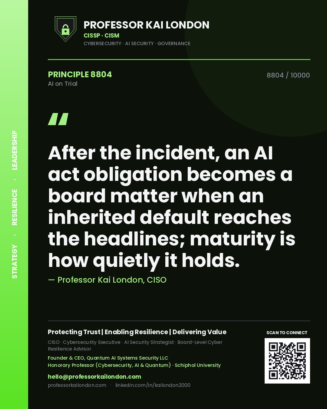 Professor Kai London principle 8804: After the incident, an AI act obligation becomes a board matter when an inherited default reaches the headlines; maturity is how quietly it holds.