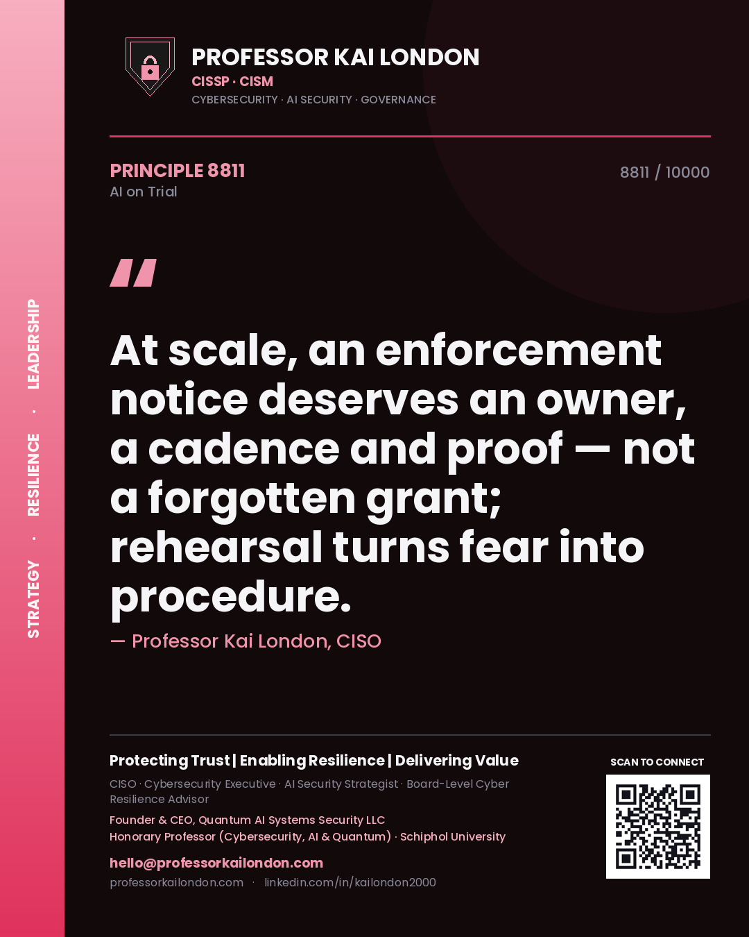 Professor Kai London principle 8811: At scale, an enforcement notice deserves an owner, a cadence and proof — not a forgotten grant; rehearsal turns fear into procedure.