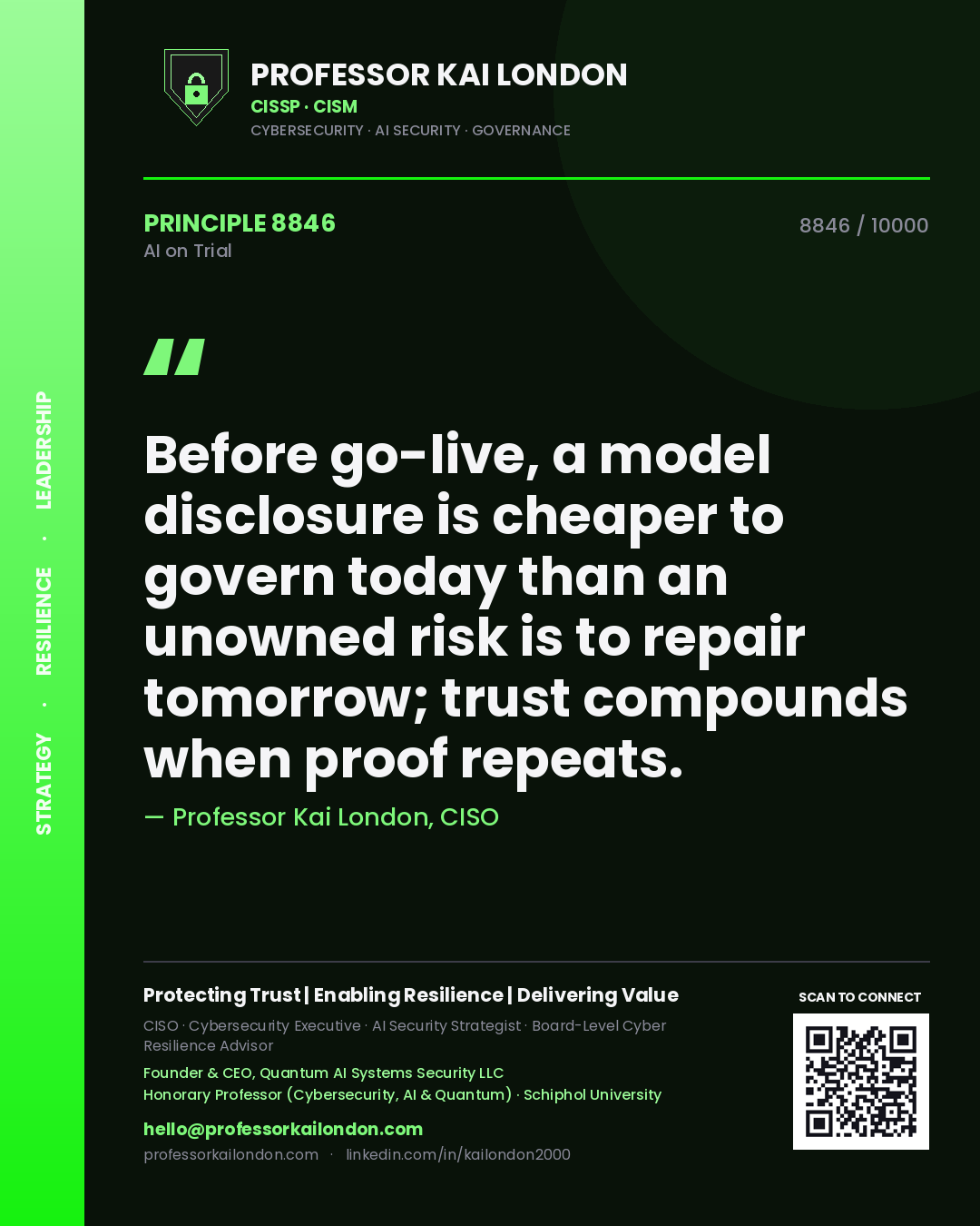 Professor Kai London principle 8846: Before go-live, a model disclosure is cheaper to govern today than an unowned risk is to repair tomorrow; trust compounds when proof repeats.