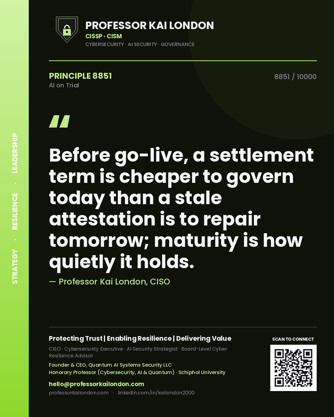 Quote card by Professor Kai London reading 'Before go-live, a settlement term is cheaper to govern today than a stale attestation is to repair tomorrow; maturity is how quietly it holds.'. From the book AI on Trial.