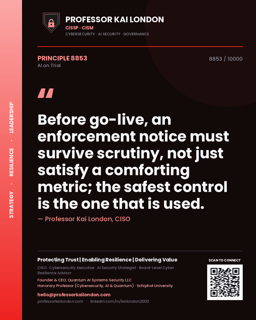 Professor Kai London principle 8853: Before go-live, an enforcement notice must survive scrutiny, not just satisfy a comforting metric; the safest control is the one that is used.