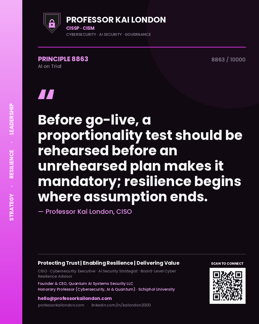 Quote card by Professor Kai London reading 'Before go-live, a proportionality test should be rehearsed before an unrehearsed plan makes it mandatory; resilience begins where assumption ends.'. From the book AI on Trial.
