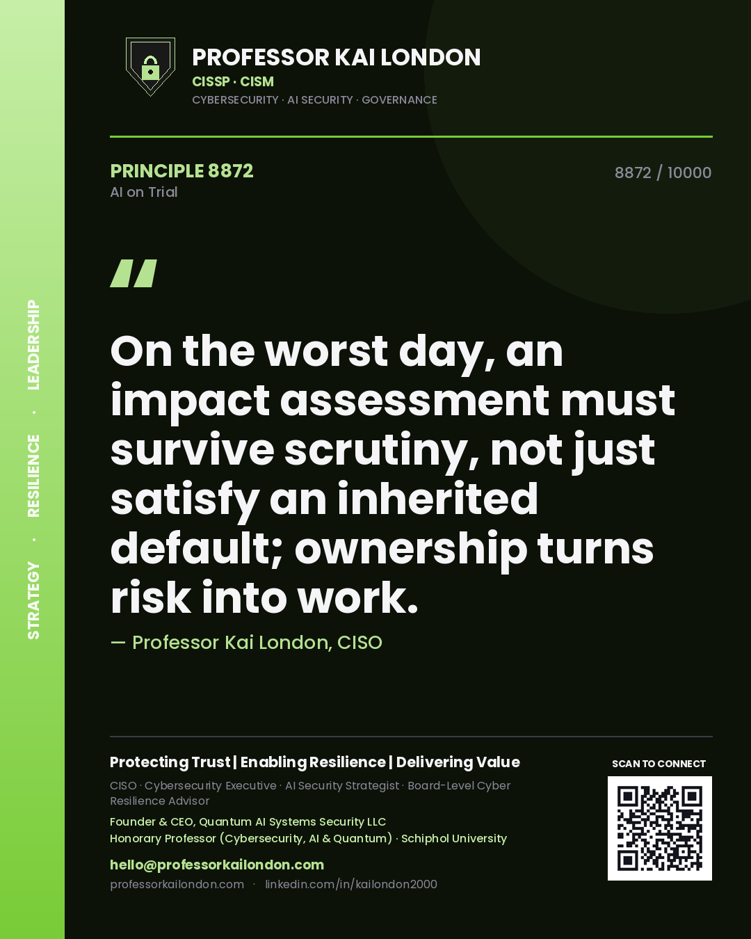 Quote card by Professor Kai London reading 'On the worst day, an impact assessment must survive scrutiny, not just satisfy an inherited default; ownership turns risk into work.'. From the book AI on Trial.
