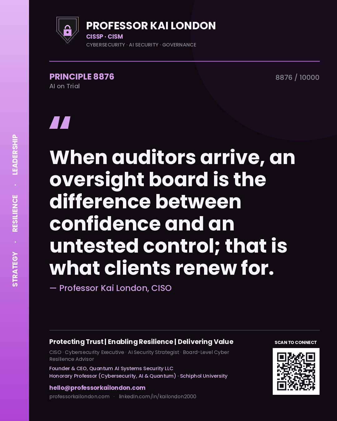 Professor Kai London principle 8876: When auditors arrive, an oversight board is the difference between confidence and an untested control; that is what clients renew for.