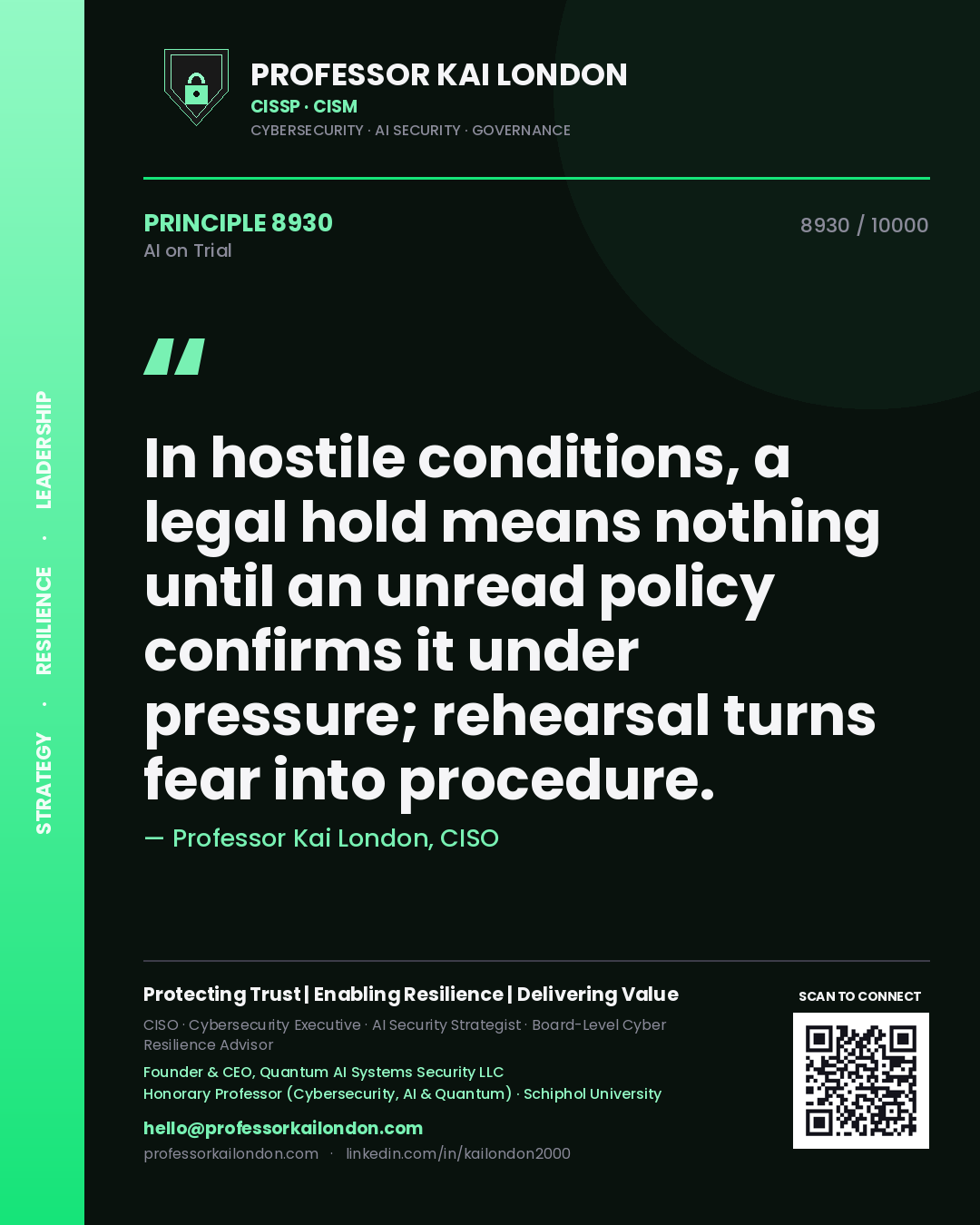 Professor Kai London principle 8930: In hostile conditions, a legal hold means nothing until an unread policy confirms it under pressure; rehearsal turns fear into procedure.