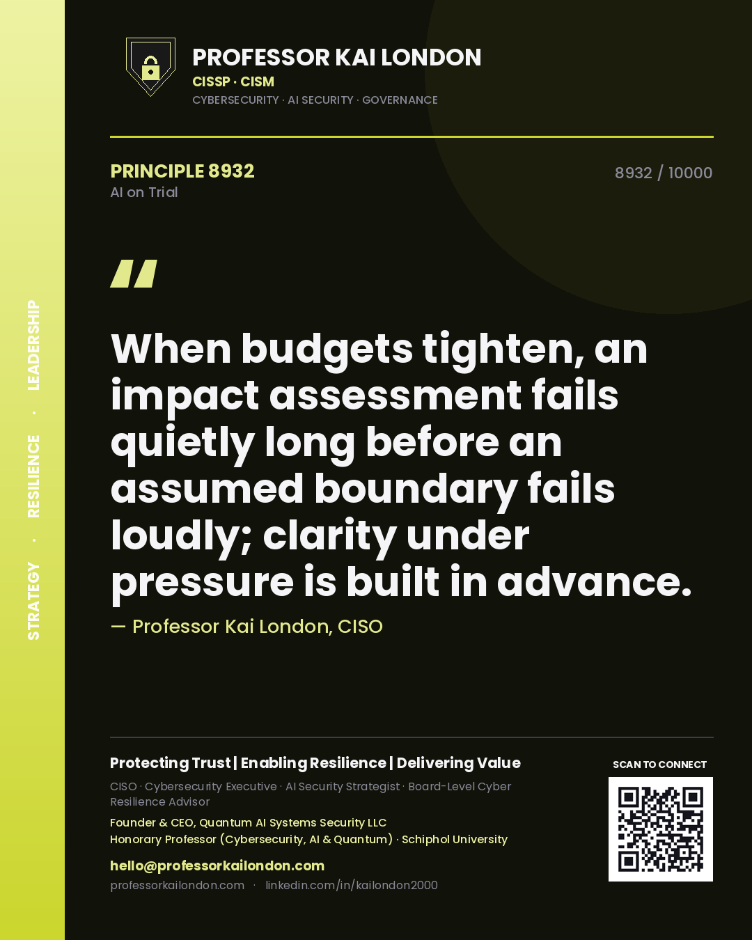 Quote card by Professor Kai London reading 'When budgets tighten, an impact assessment fails quietly long before an assumed boundary fails loudly; clarity under pressure is built in advance.'. From the book AI on Trial.