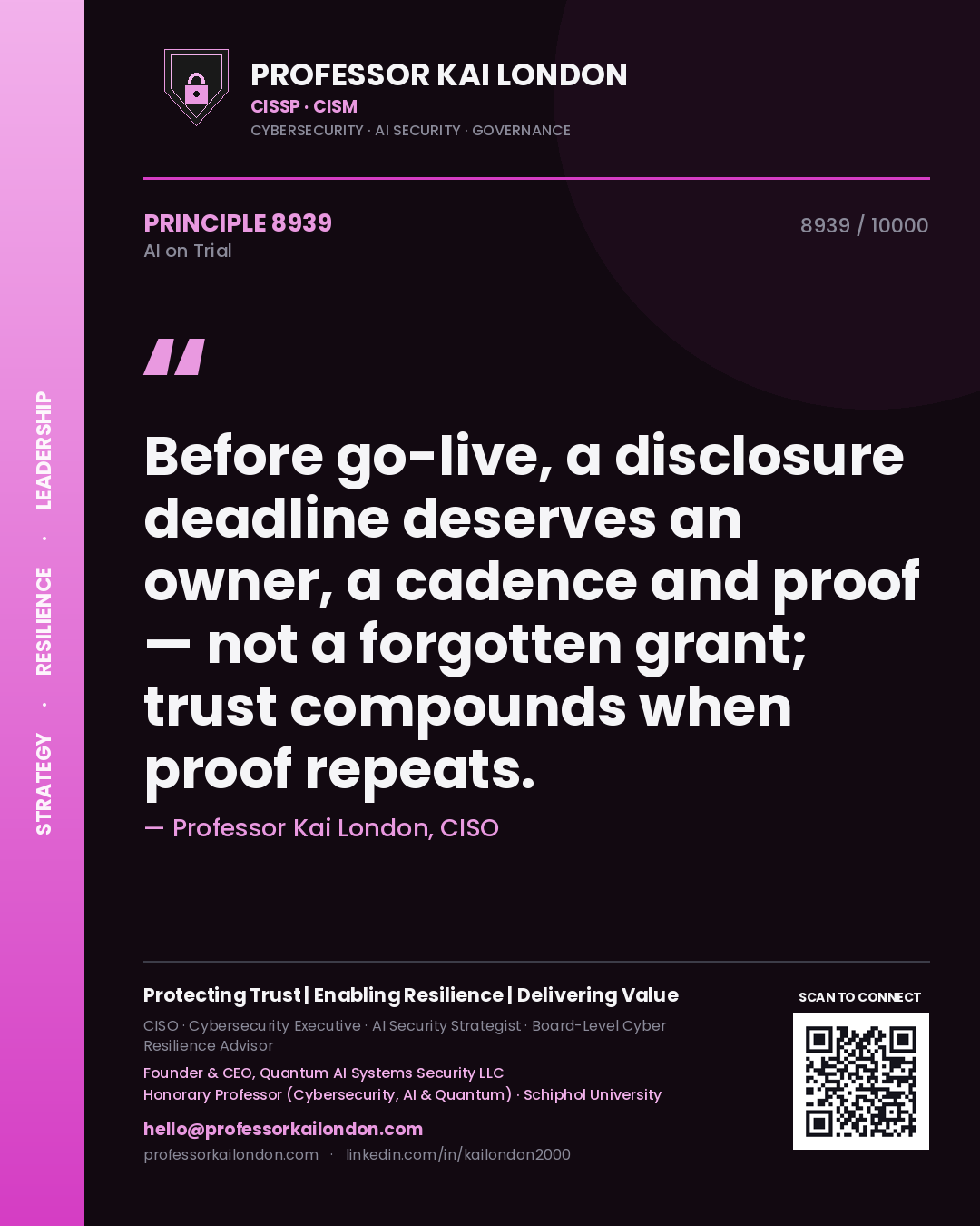 Professor Kai London principle 8939: Before go-live, a disclosure deadline deserves an owner, a cadence and proof — not a forgotten grant; trust compounds when proof repeats.