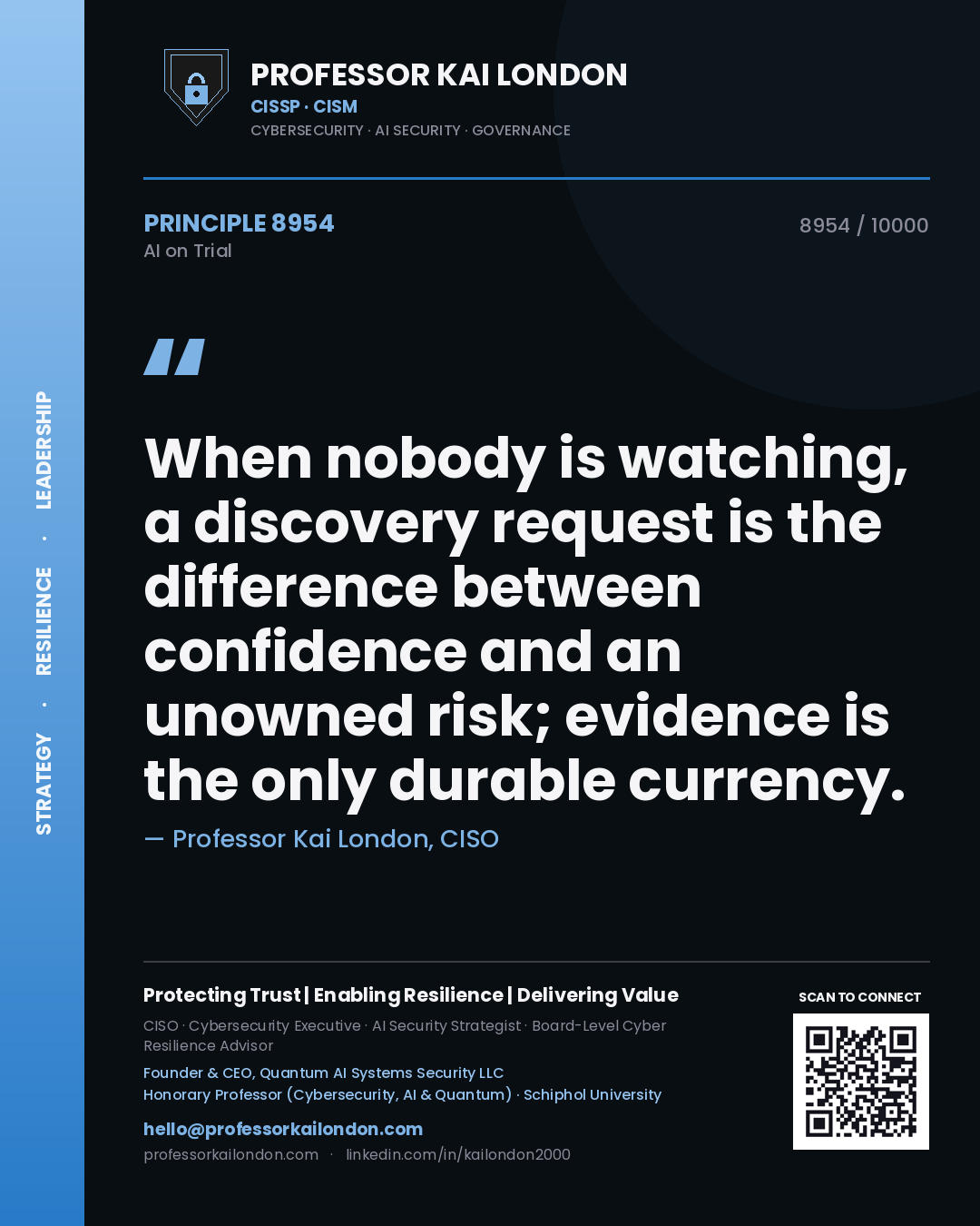 Professor Kai London principle 8954: When nobody is watching, a discovery request is the difference between confidence and an unowned risk; evidence is the only durable currency.