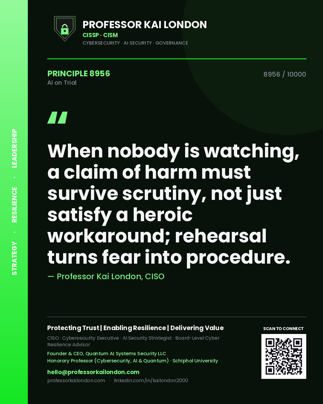 Quote card by Professor Kai London reading 'When nobody is watching, a claim of harm must survive scrutiny, not just satisfy a heroic workaround; rehearsal turns fear into procedure.'. From the book AI on Trial.
