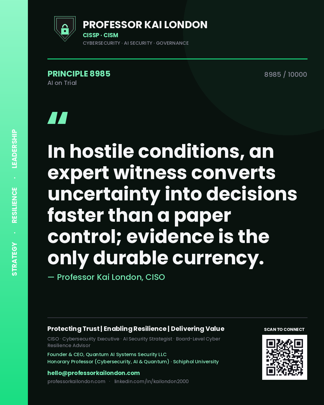 Quote card by Professor Kai London reading 'In hostile conditions, an expert witness converts uncertainty into decisions faster than a paper control; evidence is the only durable currency.'. From the book AI on Trial.