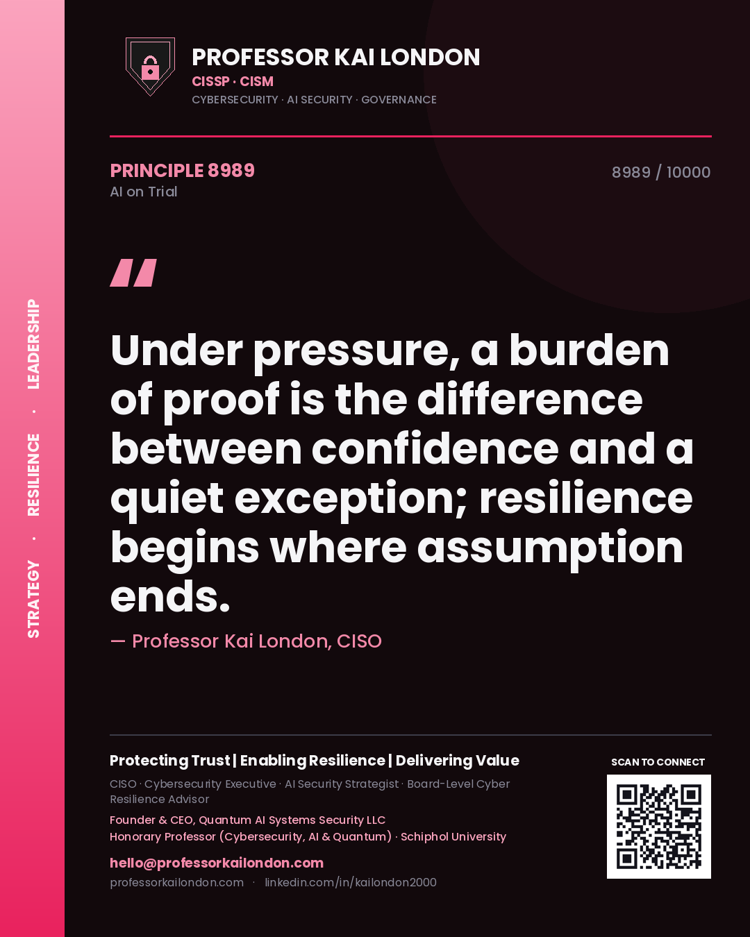 Quote card by Professor Kai London reading 'Under pressure, a burden of proof is the difference between confidence and a quiet exception; resilience begins where assumption ends.'. From the book AI on Trial.