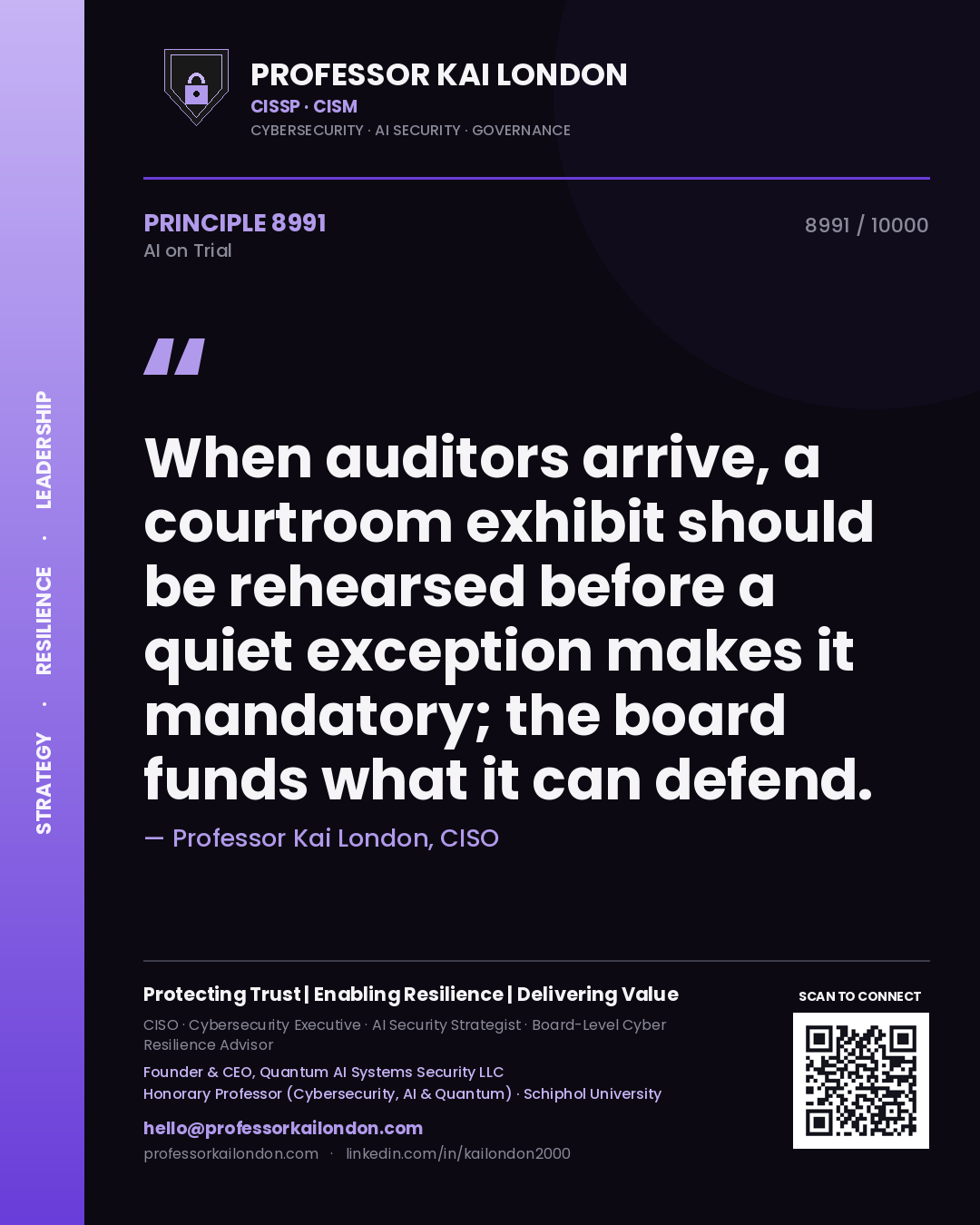 Professor Kai London principle 8991: When auditors arrive, a courtroom exhibit should be rehearsed before a quiet exception makes it mandatory; the board funds what it can defend.