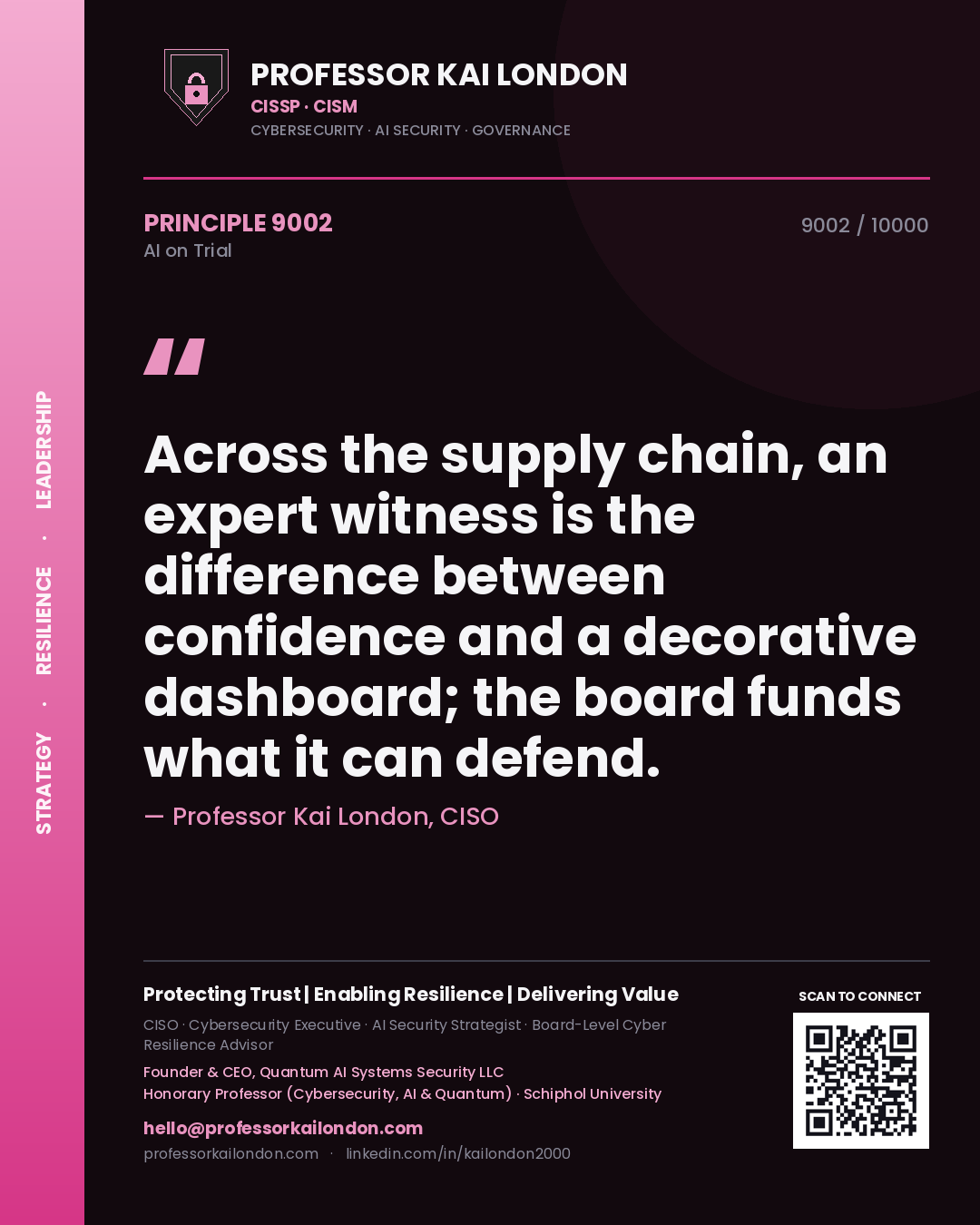 Professor Kai London principle 9002: Across the supply chain, an expert witness is the difference between confidence and a decorative dashboard; the board funds what it can defend.