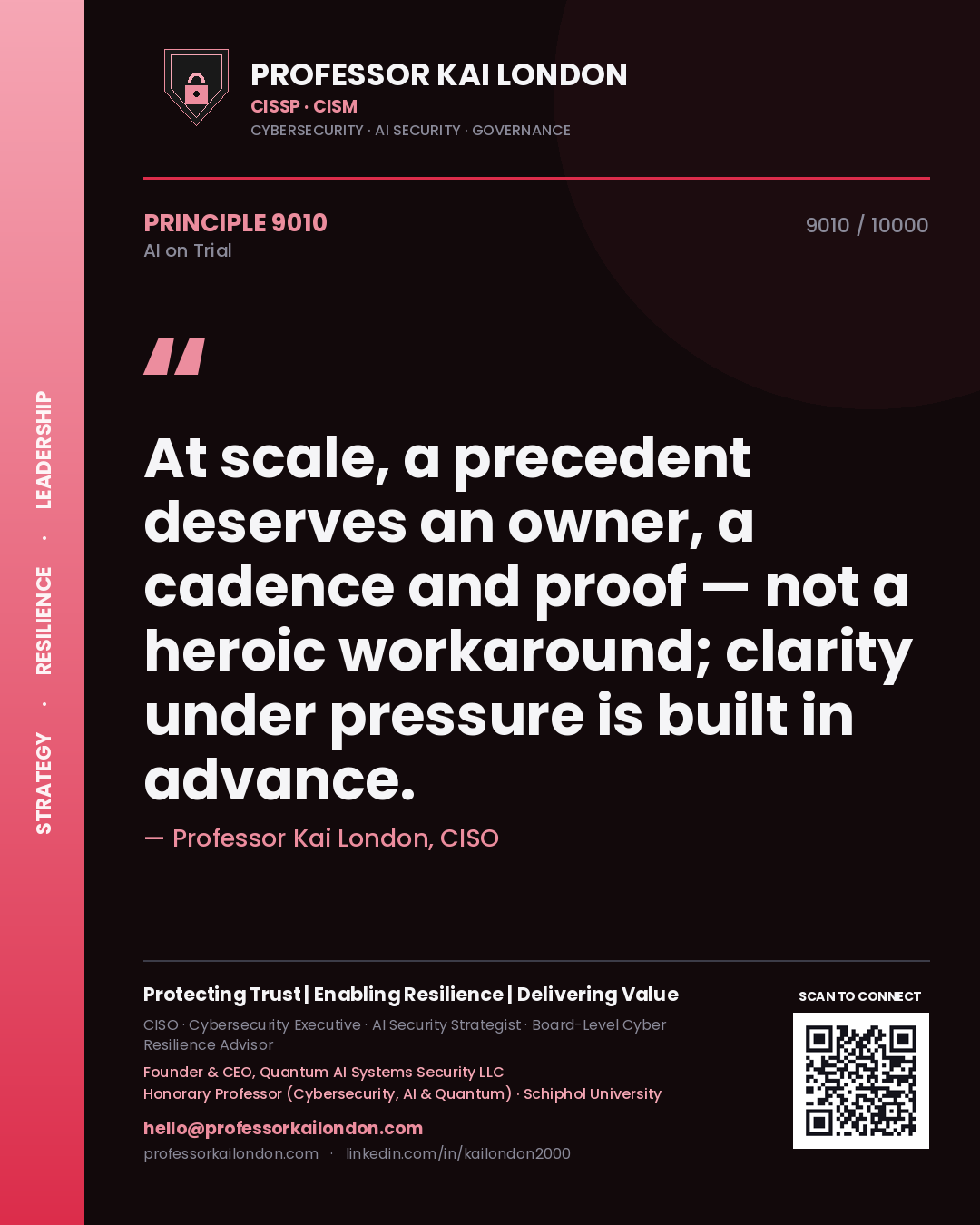 Professor Kai London principle 9010: At scale, a precedent deserves an owner, a cadence and proof — not a heroic workaround; clarity under pressure is built in advance.