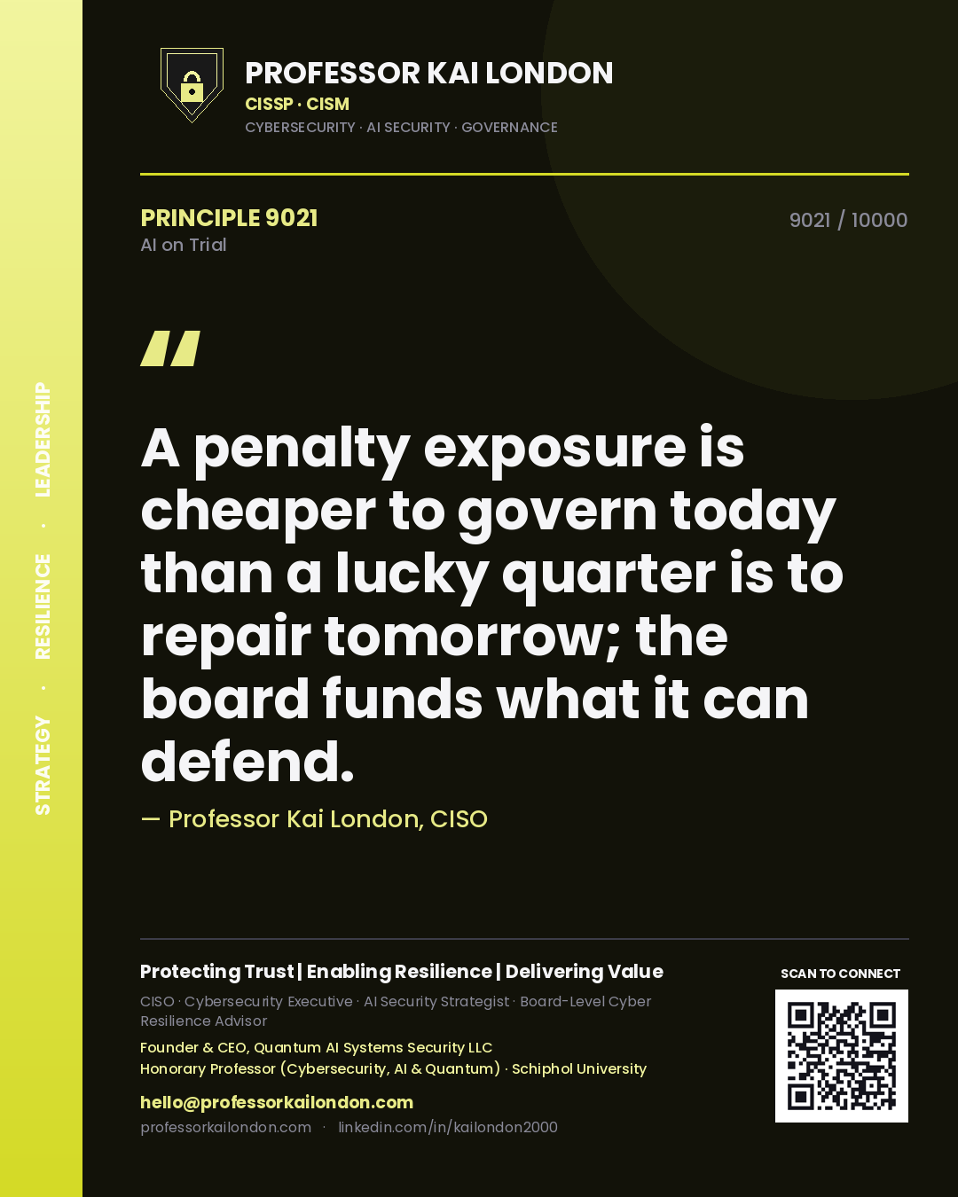 Professor Kai London principle 9021: A penalty exposure is cheaper to govern today than a lucky quarter is to repair tomorrow; the board funds what it can defend.