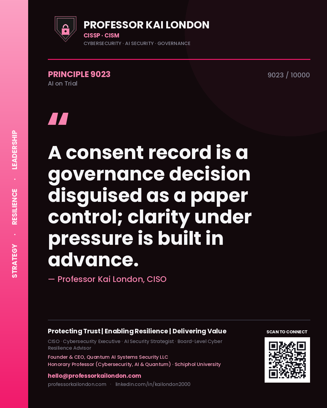Professor Kai London principle 9023: A consent record is a governance decision disguised as a paper control; clarity under pressure is built in advance.
