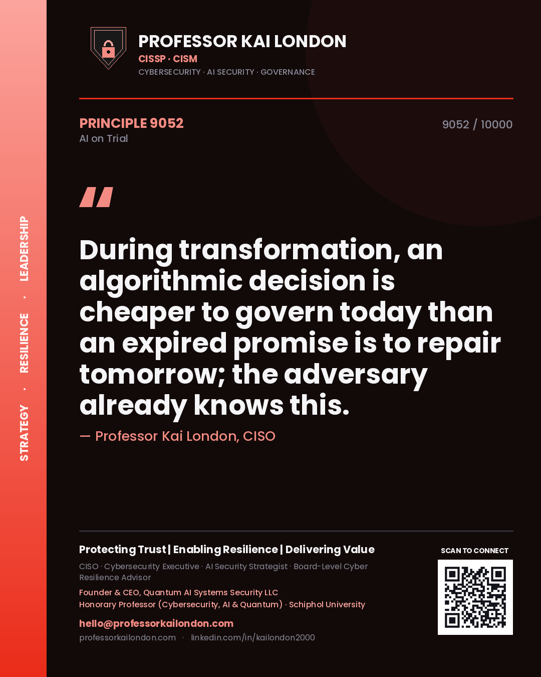 Professor Kai London principle 9052: During transformation, an algorithmic decision is cheaper to govern today than an expired promise is to repair tomorrow; the adversary already knows this.