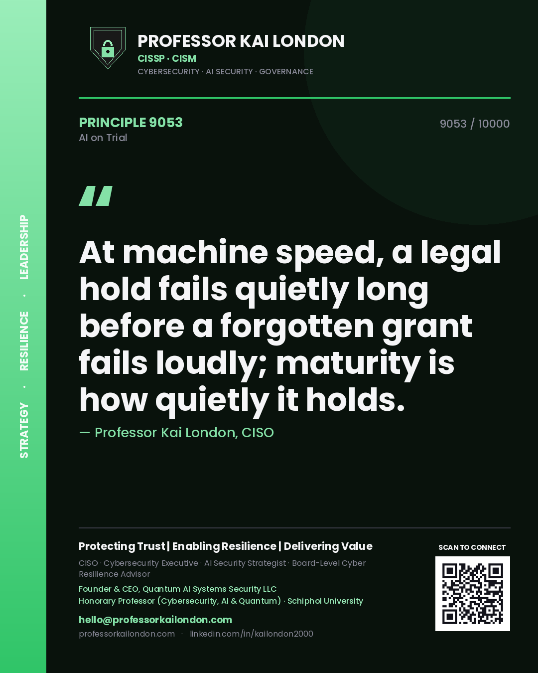 Professor Kai London principle 9053: At machine speed, a legal hold fails quietly long before a forgotten grant fails loudly; maturity is how quietly it holds.