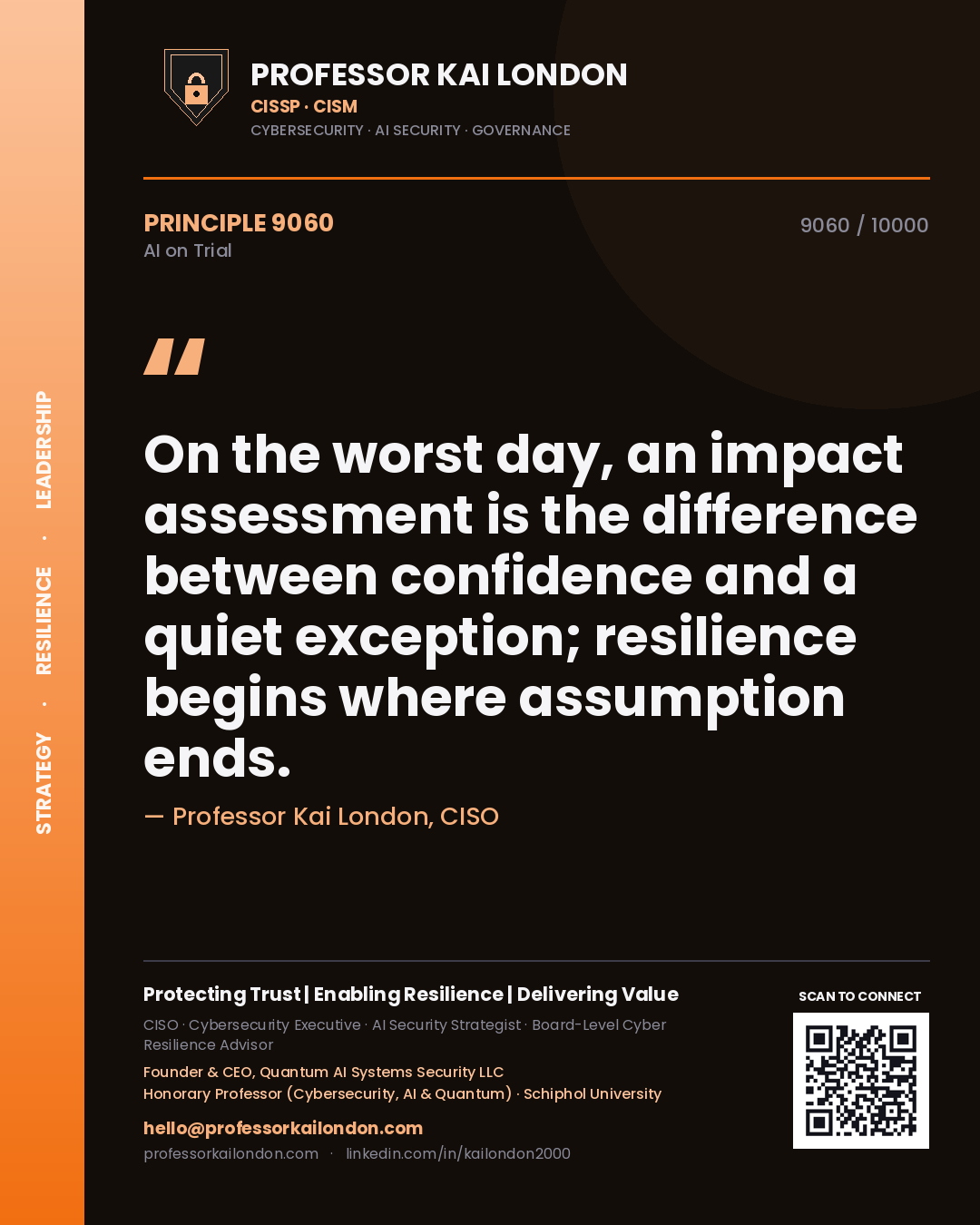 Quote card by Professor Kai London reading 'On the worst day, an impact assessment is the difference between confidence and a quiet exception; resilience begins where assumption ends.'. From the book AI on Trial.