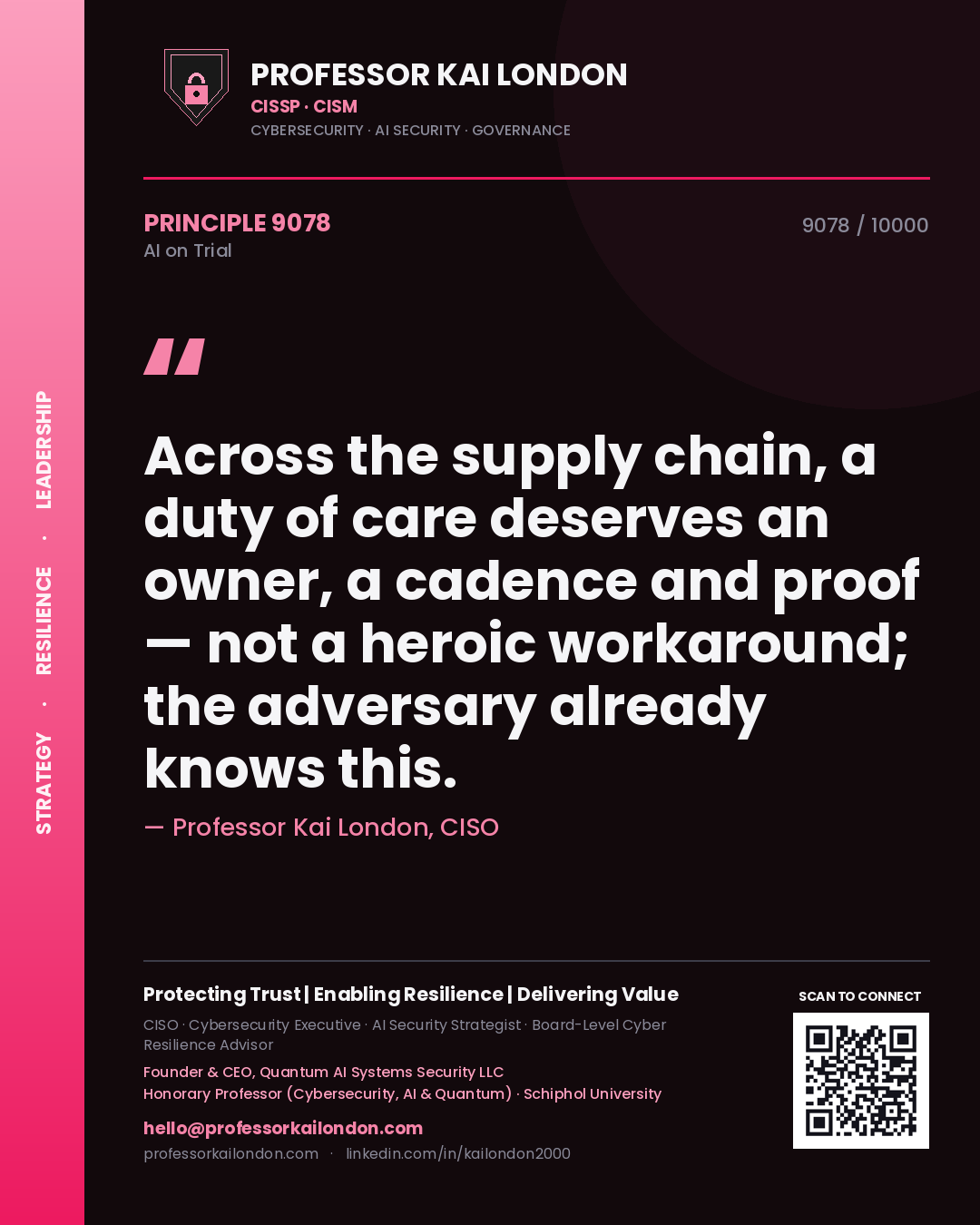 Professor Kai London principle 9078: Across the supply chain, a duty of care deserves an owner, a cadence and proof — not a heroic workaround; the adversary already knows this.
