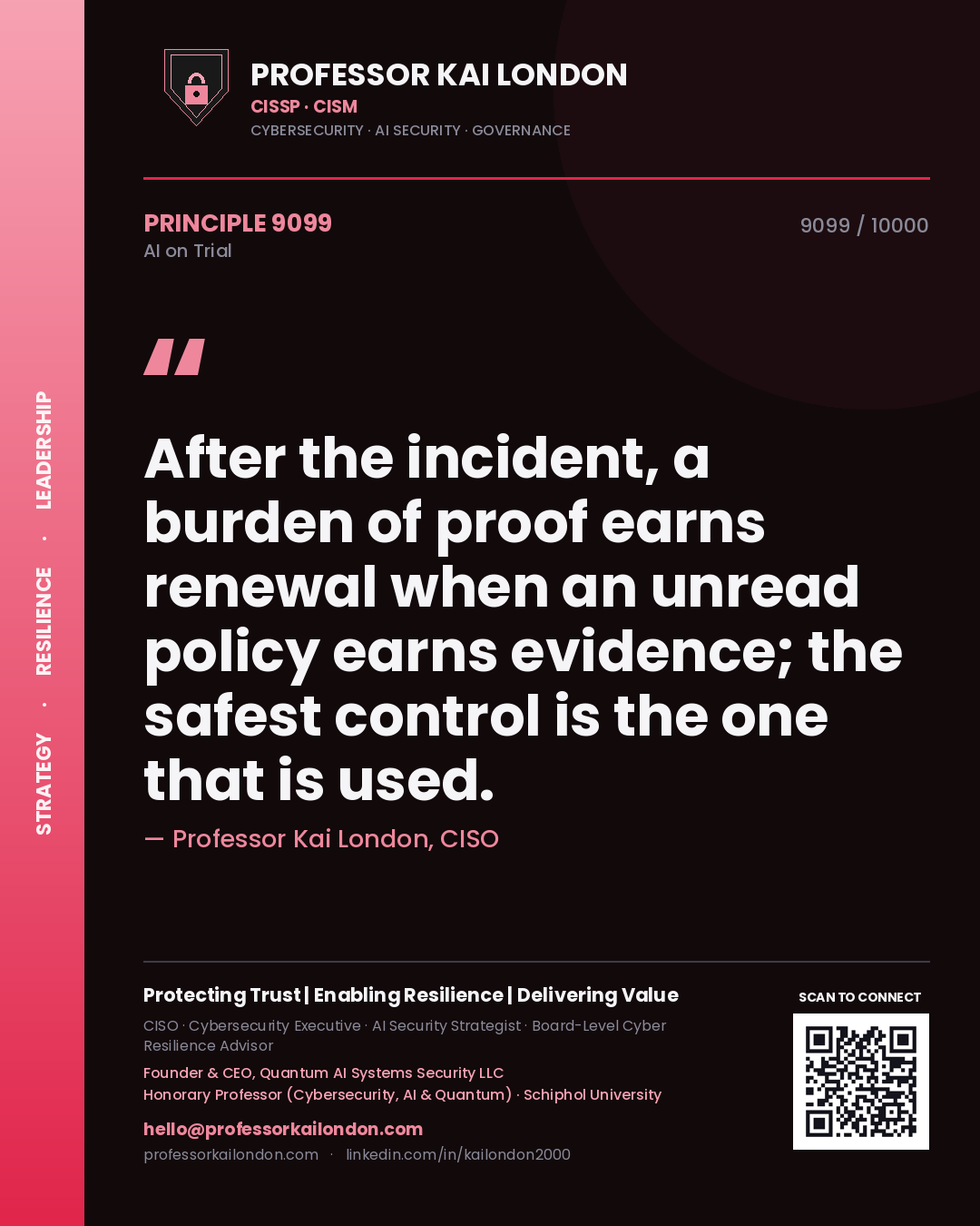 Professor Kai London principle 9099: After the incident, a burden of proof earns renewal when an unread policy earns evidence; the safest control is the one that is used.