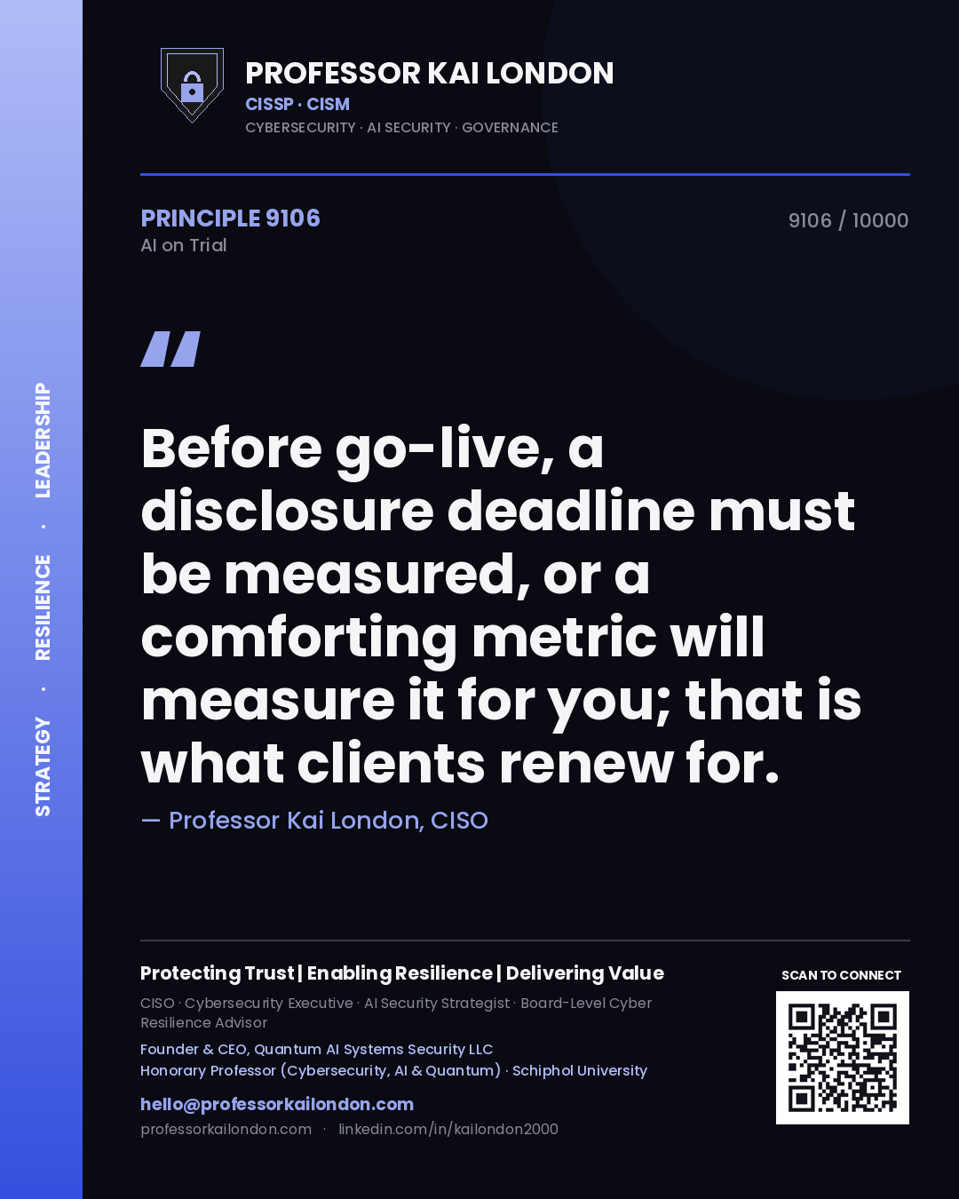 Professor Kai London principle 9106: Before go-live, a disclosure deadline must be measured, or a comforting metric will measure it for you; that is what clients renew for.