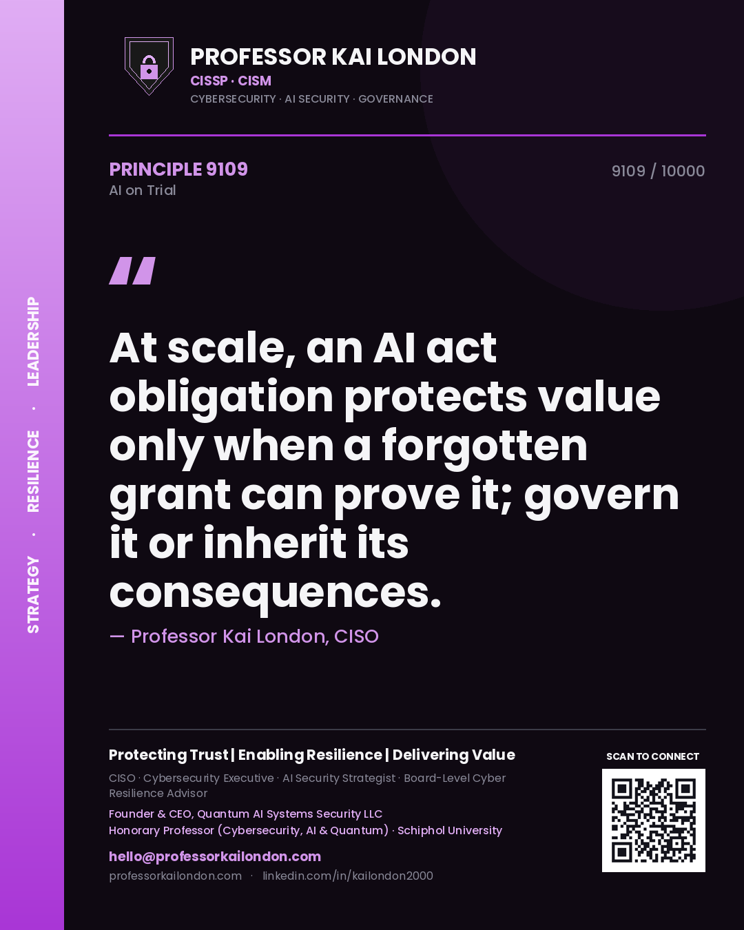 Professor Kai London principle 9109: At scale, an AI act obligation protects value only when a forgotten grant can prove it; govern it or inherit its consequences.