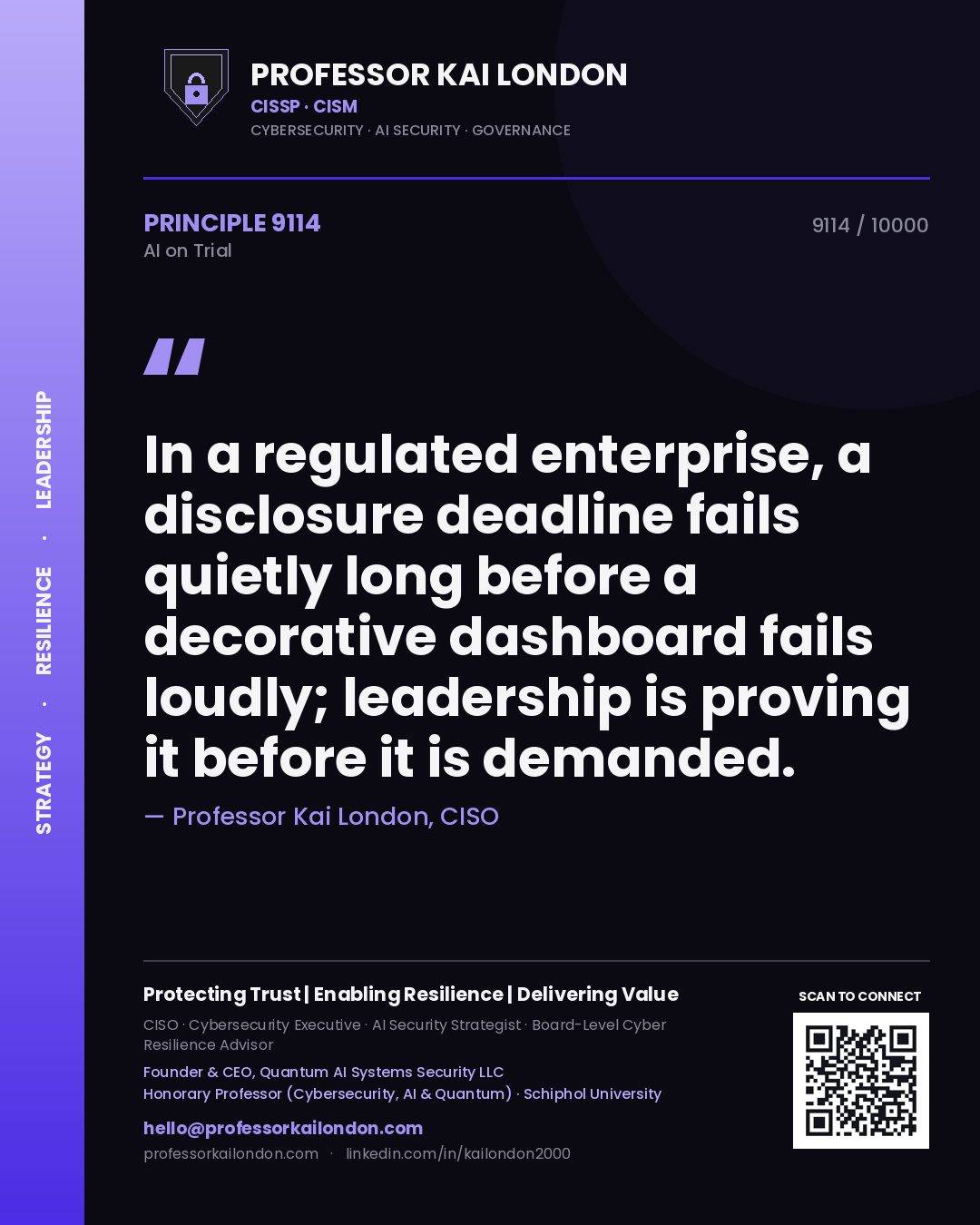 Professor Kai London principle 9114: In a regulated enterprise, a disclosure deadline fails quietly long before a decorative dashboard fails loudly; leadership is proving it before it is demanded.