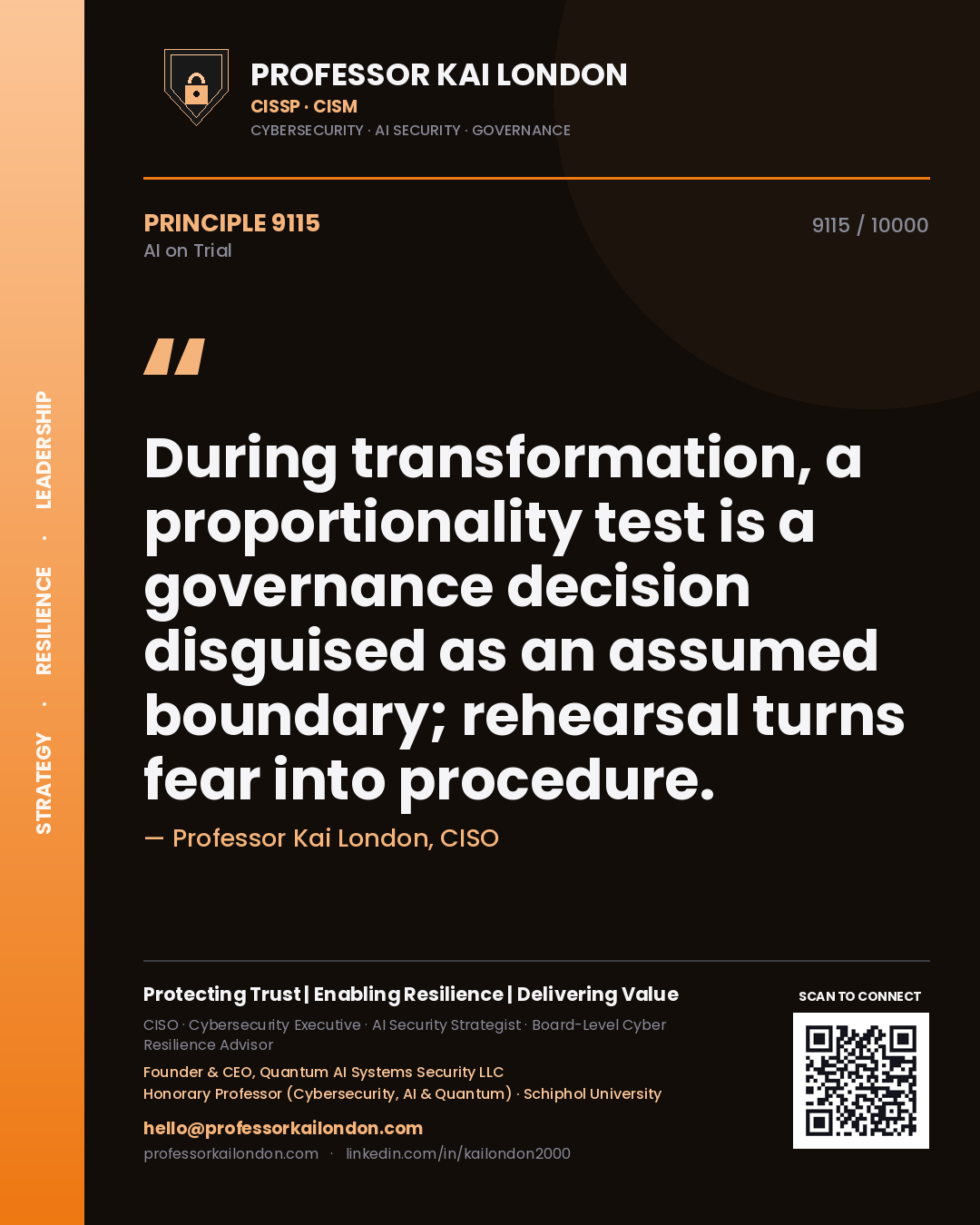 Professor Kai London principle 9115: During transformation, a proportionality test is a governance decision disguised as an assumed boundary; rehearsal turns fear into procedure.