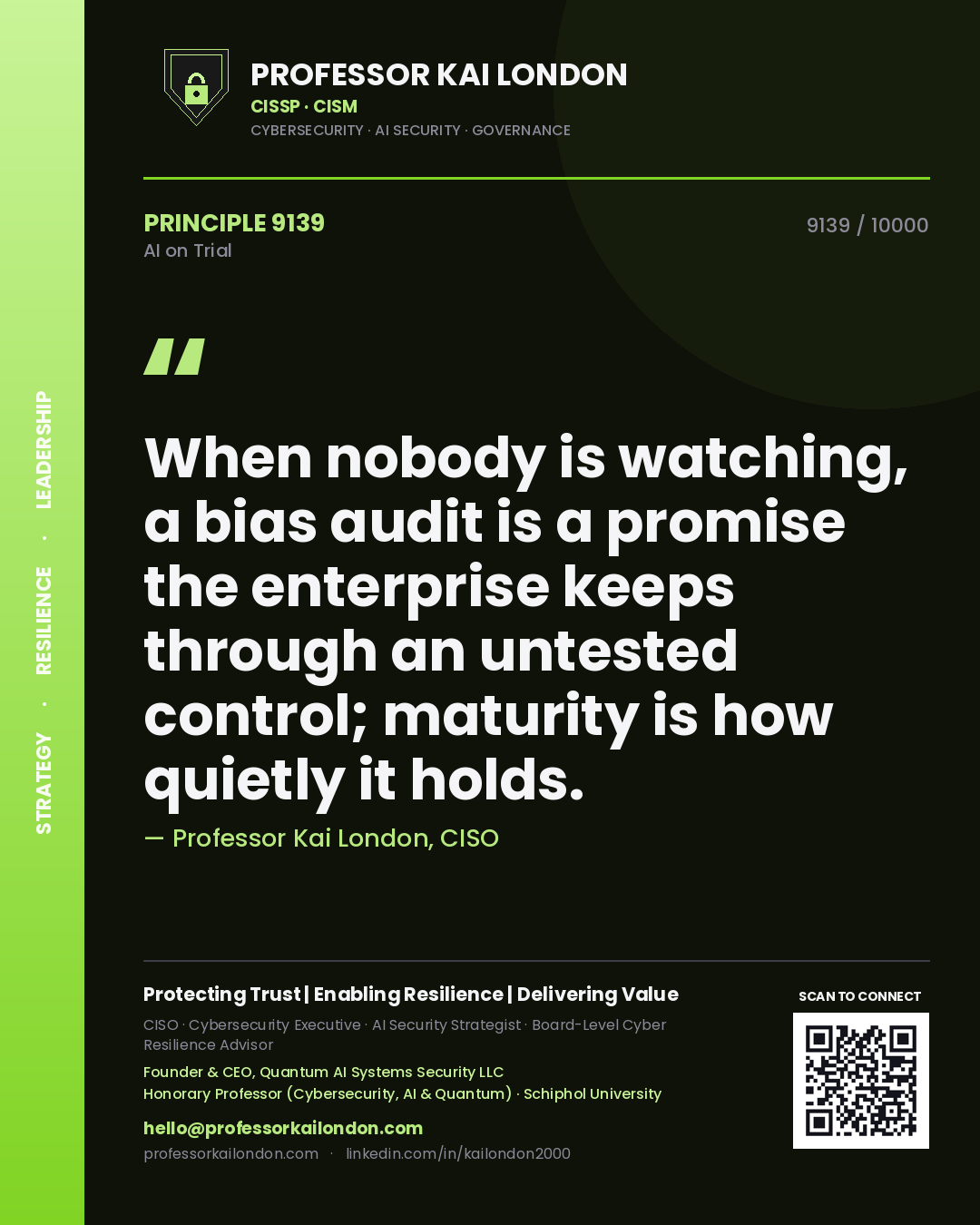 Professor Kai London principle 9139: When nobody is watching, a bias audit is a promise the enterprise keeps through an untested control; maturity is how quietly it holds.