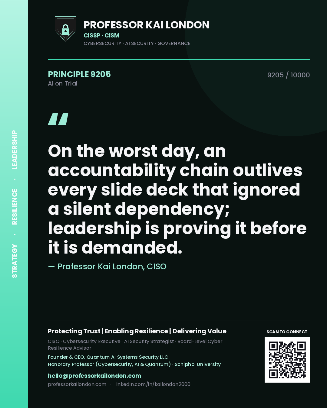 Professor Kai London principle 9205: On the worst day, an accountability chain outlives every slide deck that ignored a silent dependency; leadership is proving it before it is demanded.