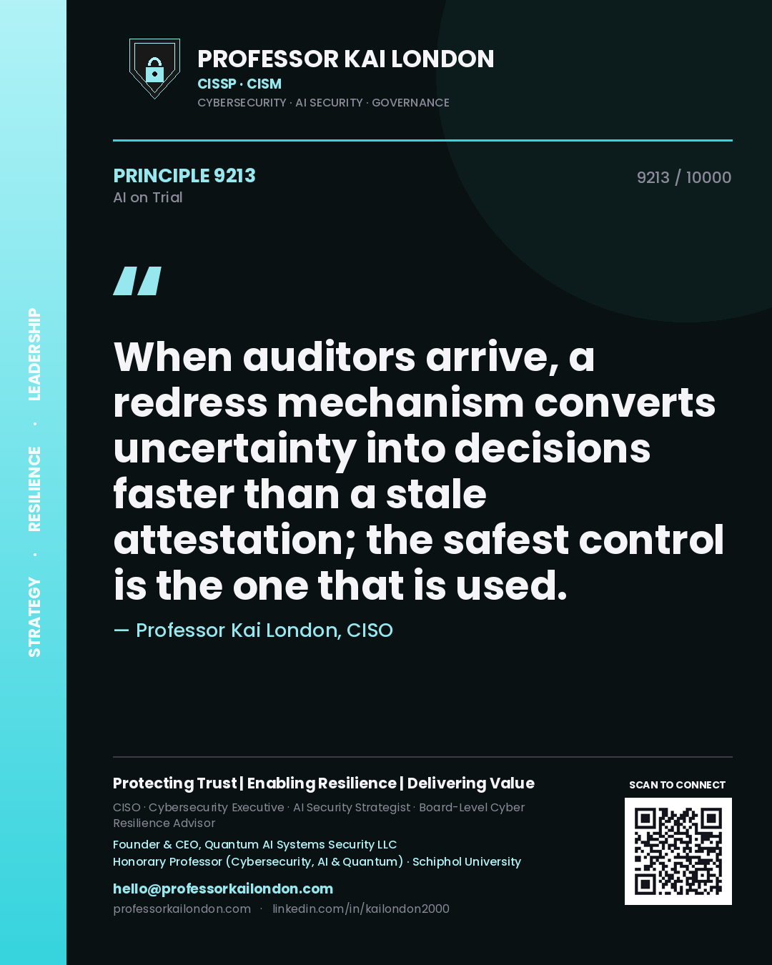 Professor Kai London principle 9213: When auditors arrive, a redress mechanism converts uncertainty into decisions faster than a stale attestation; the safest control is the one that is used.