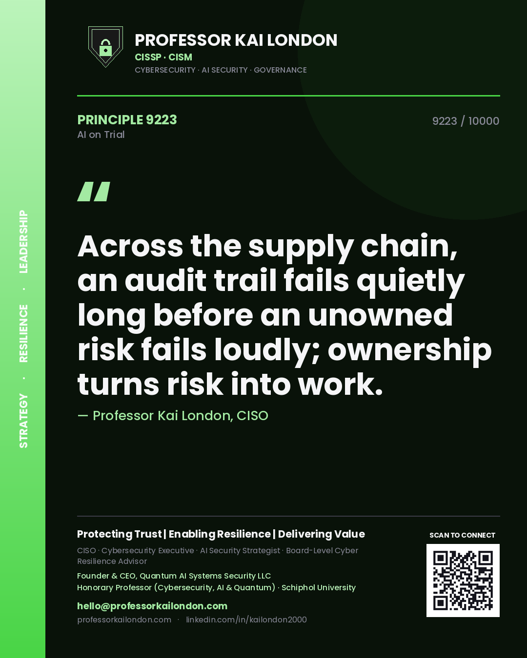 Professor Kai London principle 9223: Across the supply chain, an audit trail fails quietly long before an unowned risk fails loudly; ownership turns risk into work.