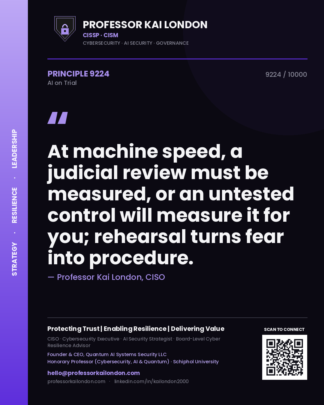 Quote card by Professor Kai London reading 'At machine speed, a judicial review must be measured, or an untested control will measure it for you; rehearsal turns fear into procedure.'. From the book AI on Trial.