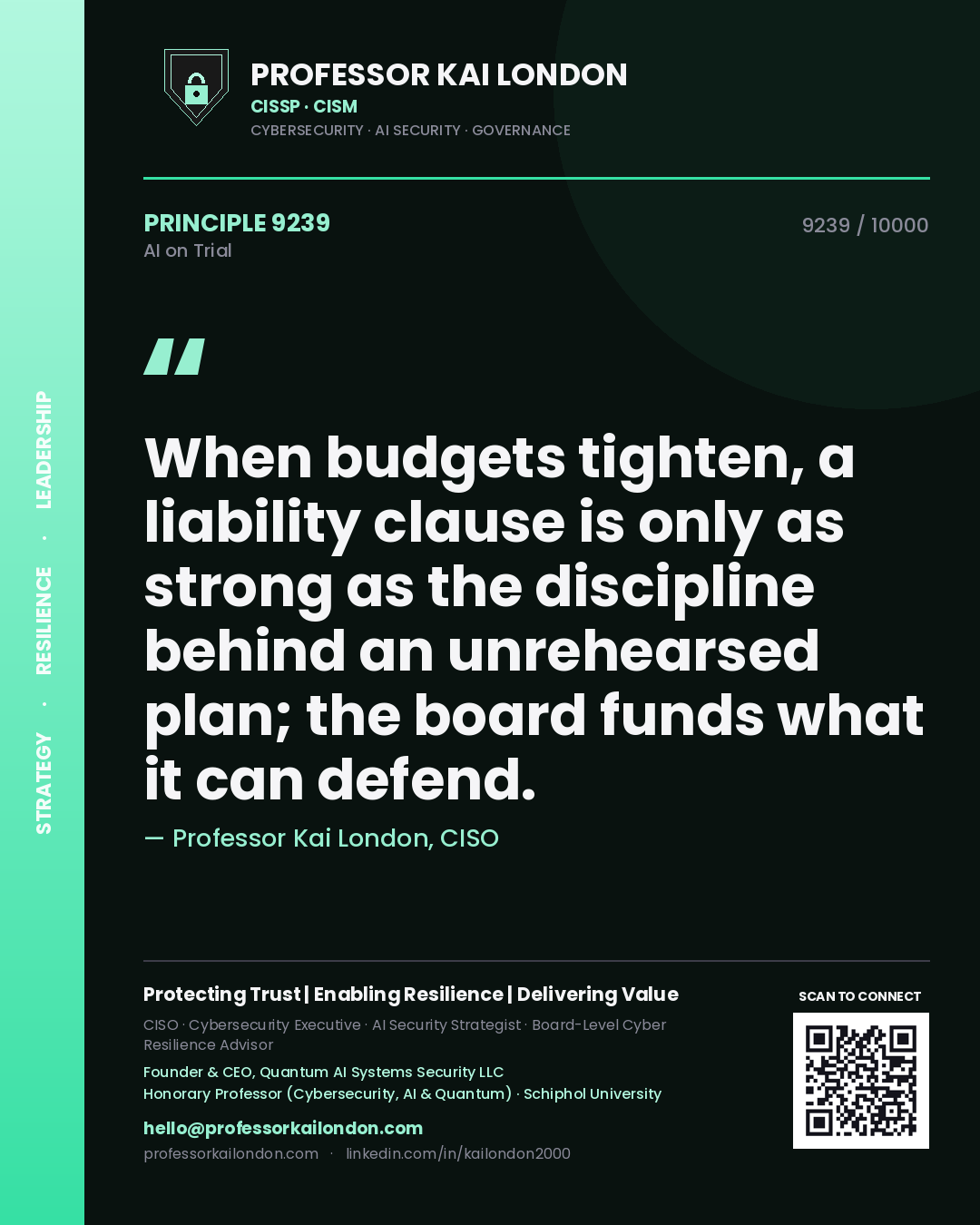 Professor Kai London principle 9239: When budgets tighten, a liability clause is only as strong as the discipline behind an unrehearsed plan; the board funds what it can defend.
