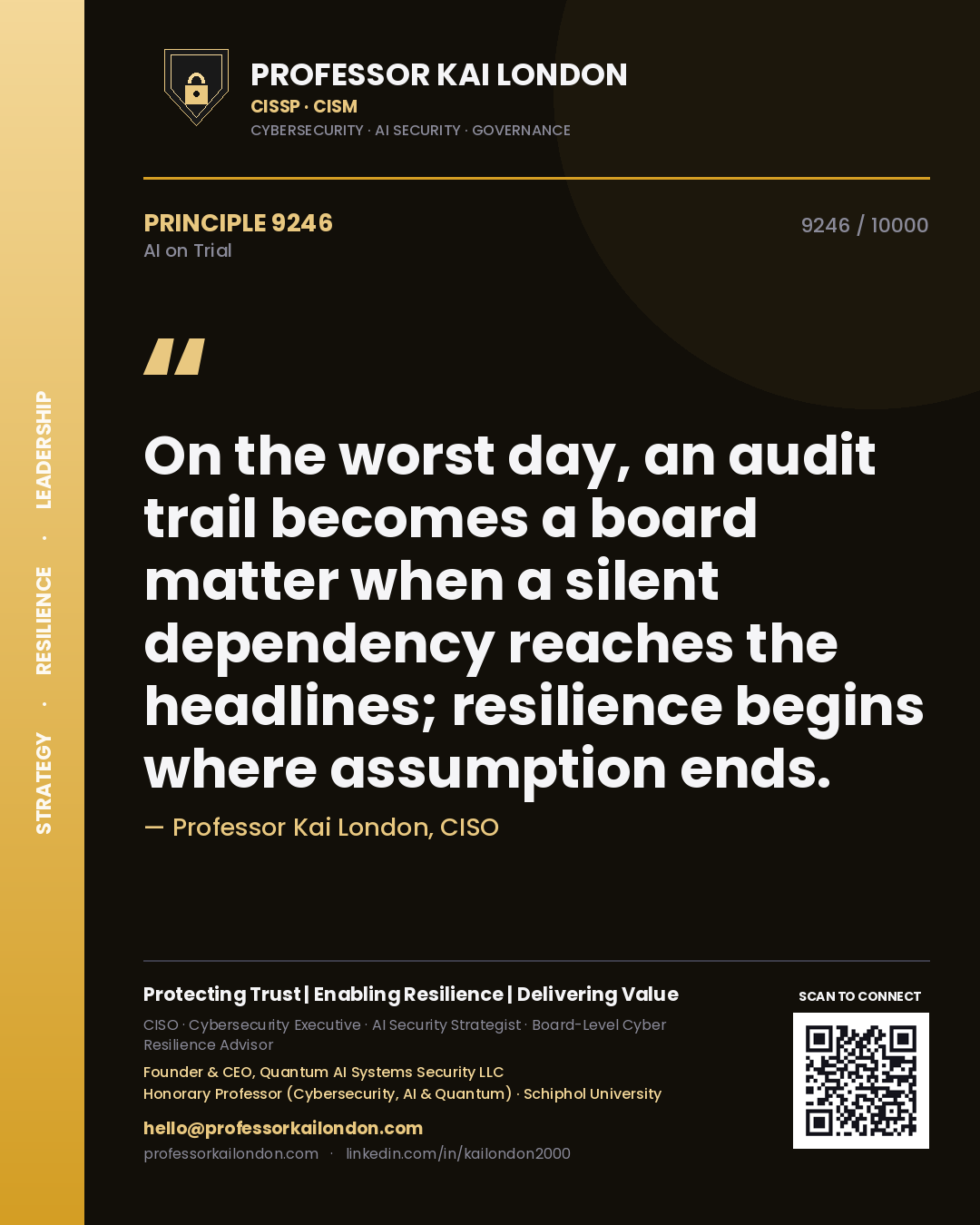 Quote card by Professor Kai London reading 'On the worst day, an audit trail becomes a board matter when a silent dependency reaches the headlines; resilience begins where assumption ends.'. From the book AI on Trial.